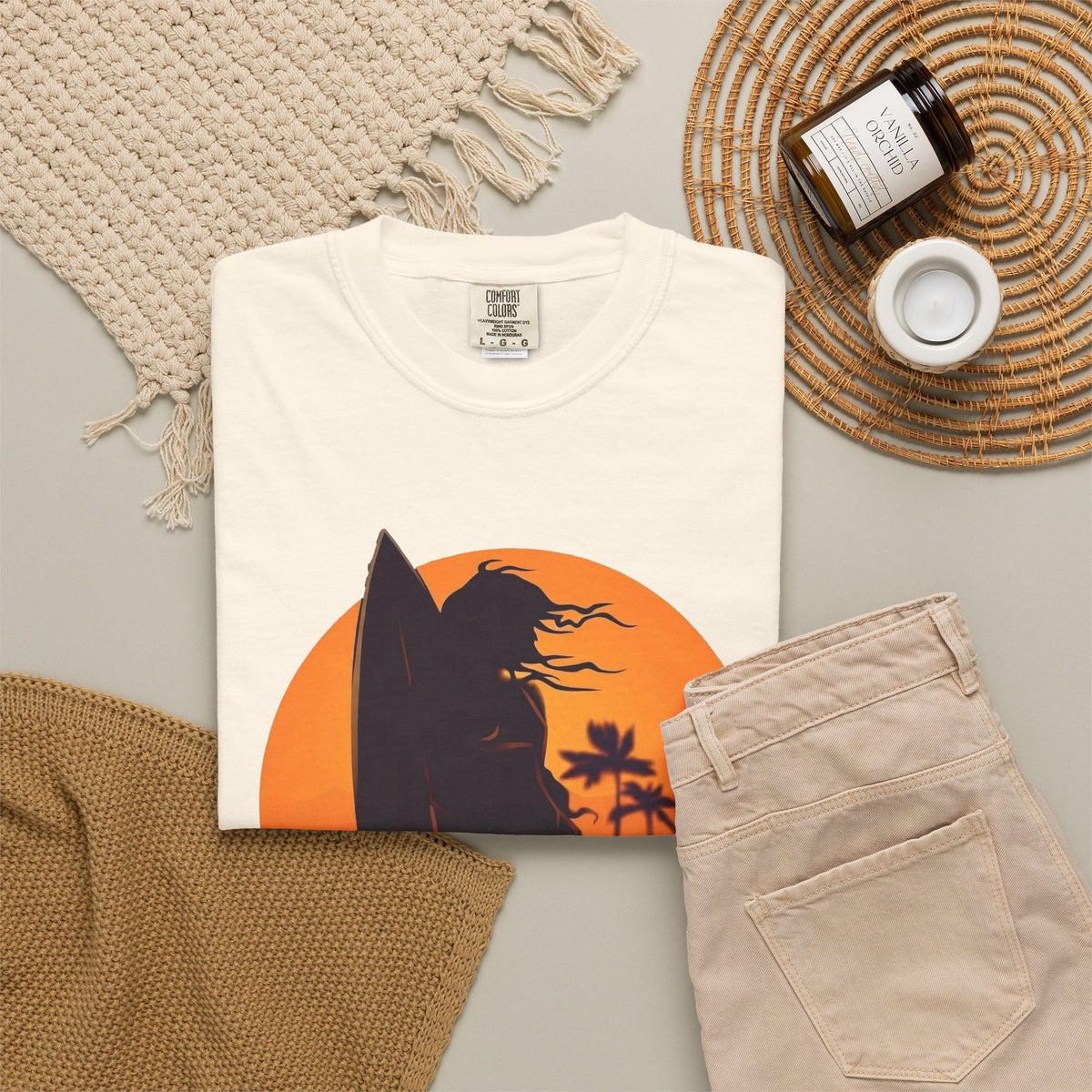 Sunset Surf Girl Tee | Retro Surfer Silhouette Shirt | Palm Tree Sunset Beach T-Shirt | Comfort Colors