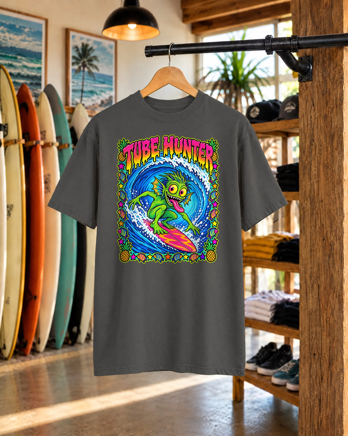 Tube Hunter Tee | 80s Comic Sea Monster Surf Shirt | Funny Barrel Wave T-Shirt | Comfort Colors