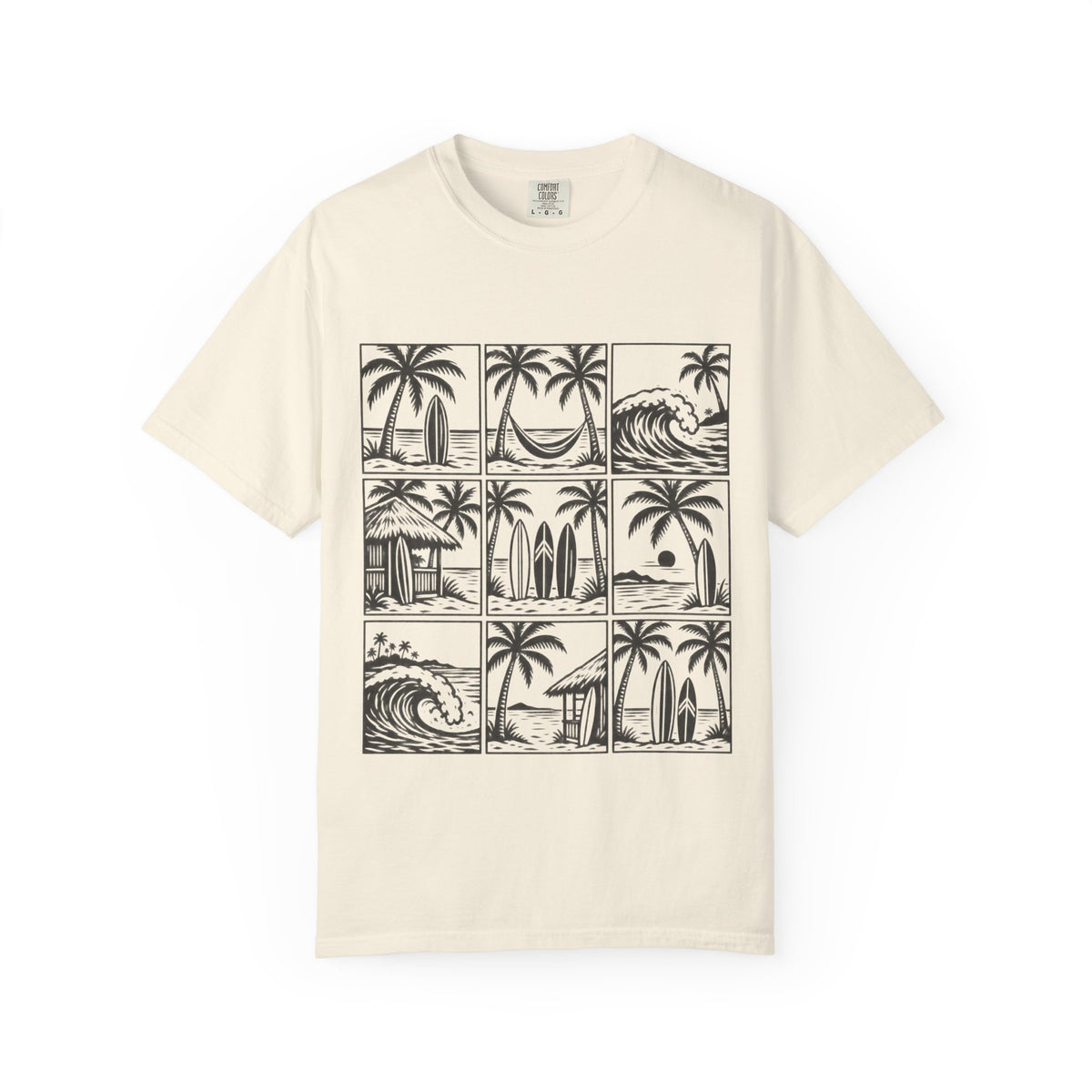 Woodcut Palm Grid Shirt | Tropical Surf Tiles Tee | Comfort Colors T-Shirt