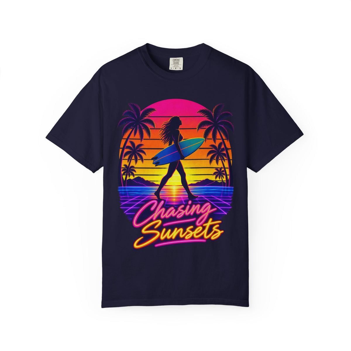 Chasing Sunsets Tee | Synthwave Sunset Surf Girl Shirt | Retro Palm T-Shirt | Comfort Colors