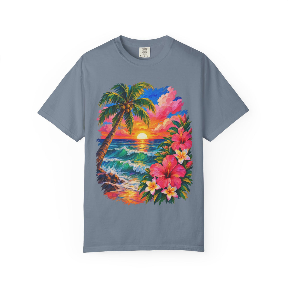 Hibiscus Sunset Ocean Shirt | Painted Tropical Seascape Tee | Comfort Colors T-Shirt