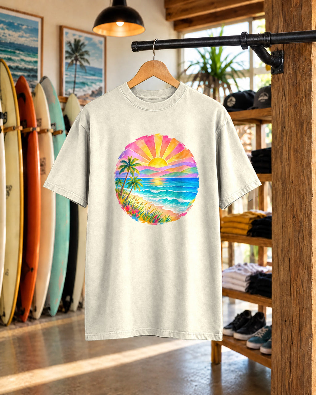 Pastel Coastal Badge Shirt | Watercolour Beach Sunset Tee | Comfort Colors T-Shirt