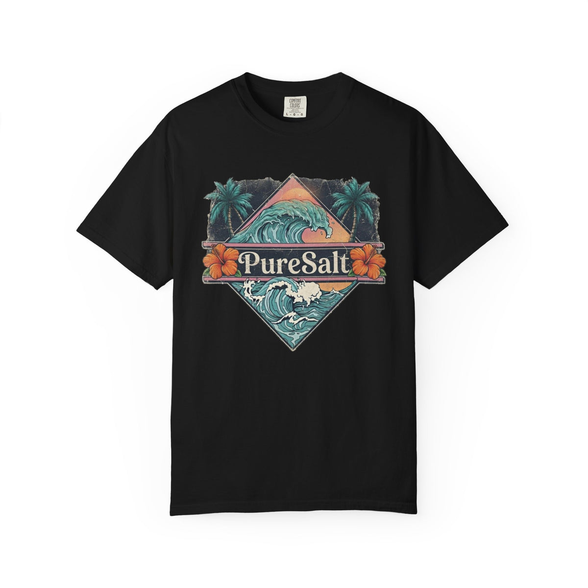 PureSalt Wave Badge Tee | Vintage Surf Wave Shirt | Retro Palm Tree Beach T-Shirt | Comfort Colors