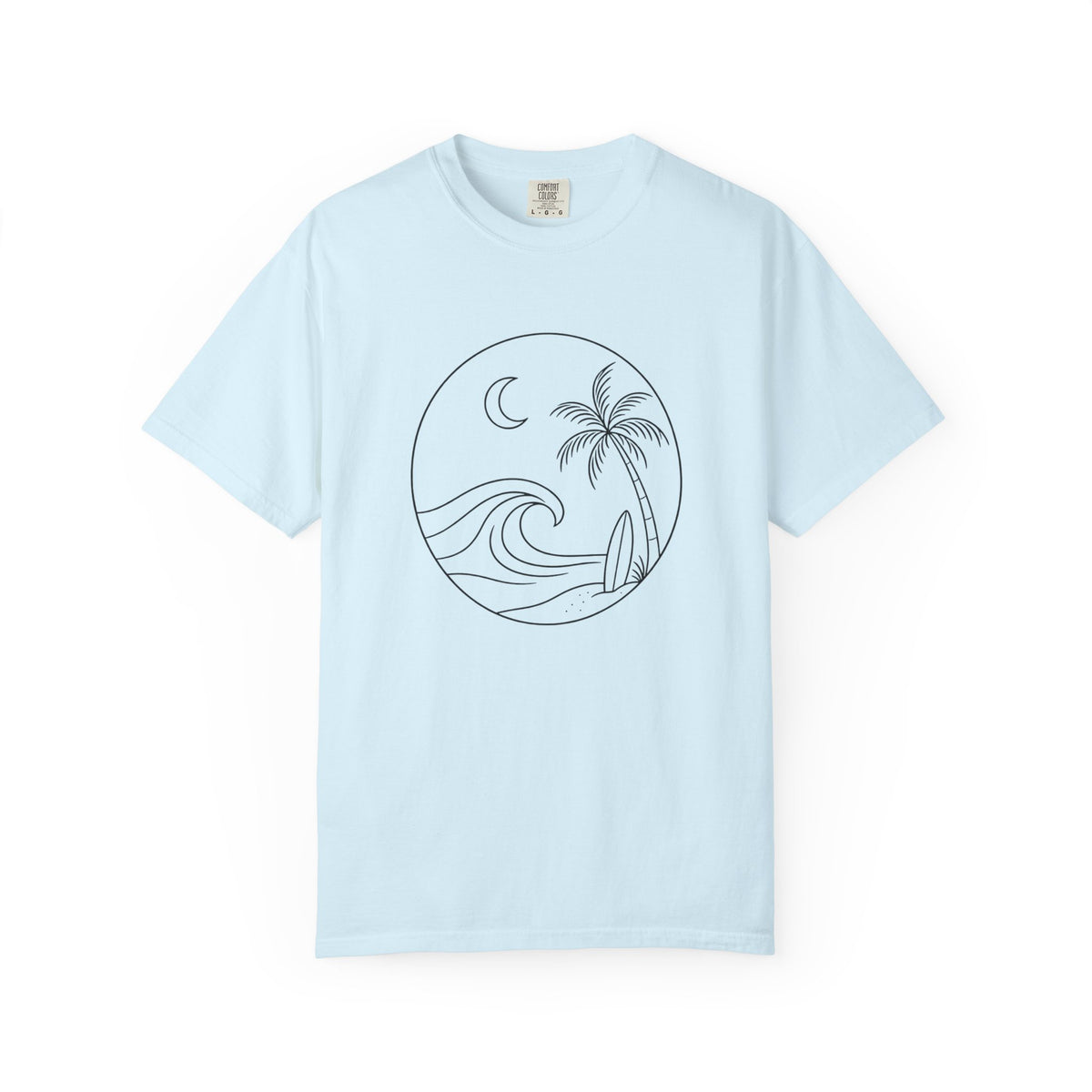 Moonlit Surf Line Art T-Shirt | Palm Tree Wave Circle Design