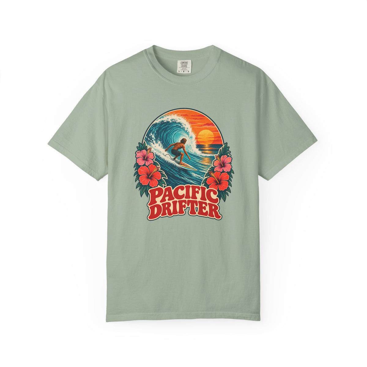 Pacific Drifter Tee | Retro Surfer Wave Hibiscus Shirt | Vintage Surf T-Shirt | Comfort Colors Gift