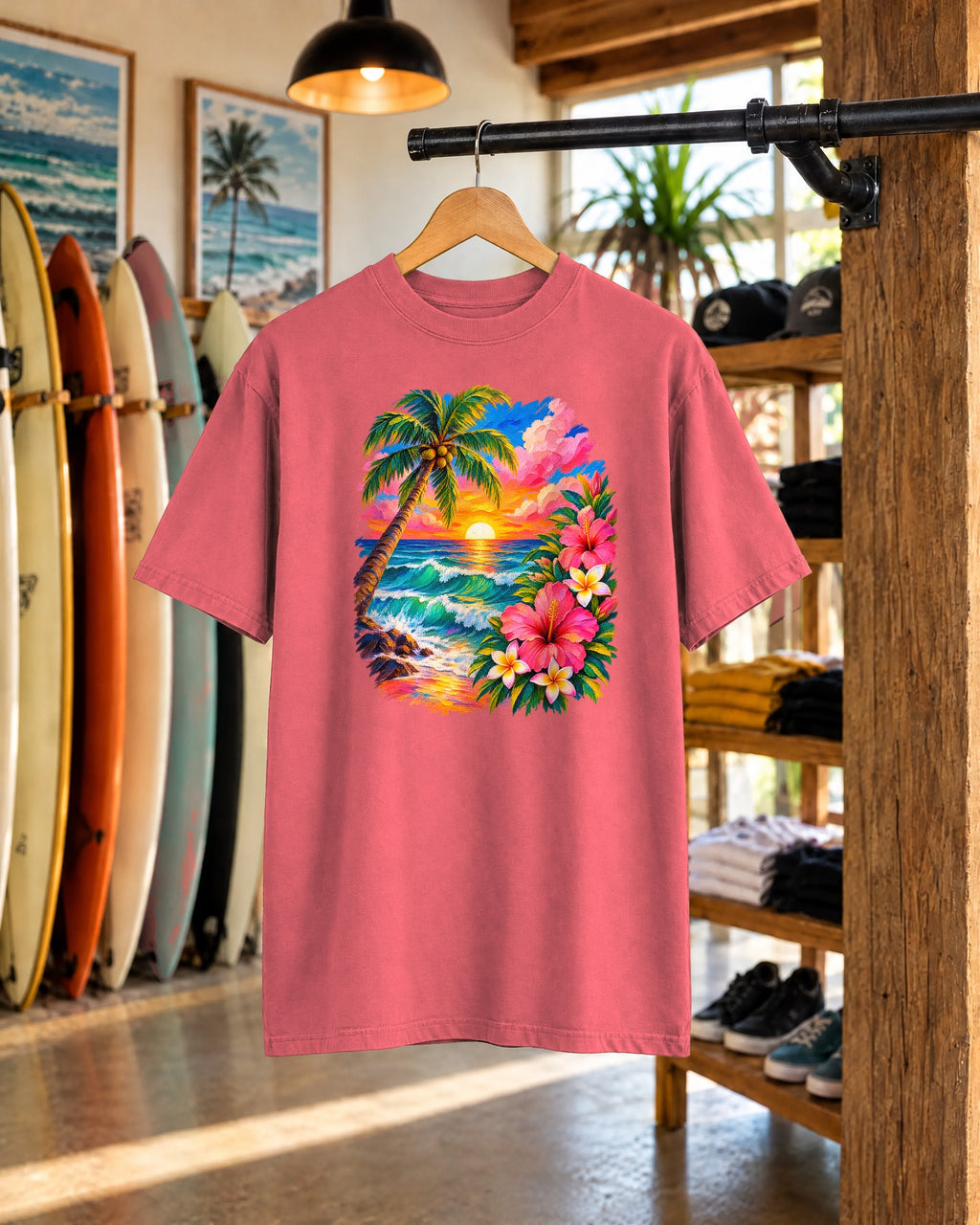 Hibiscus Sunset Ocean Shirt | Painted Tropical Seascape Tee | Comfort Colors T-Shirt