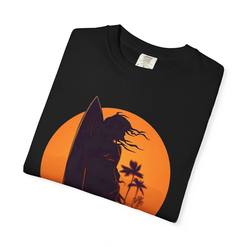 Sunset Surf Girl Tee | Retro Surfer Silhouette Shirt | Palm Tree Sunset Beach T-Shirt | Comfort Colors