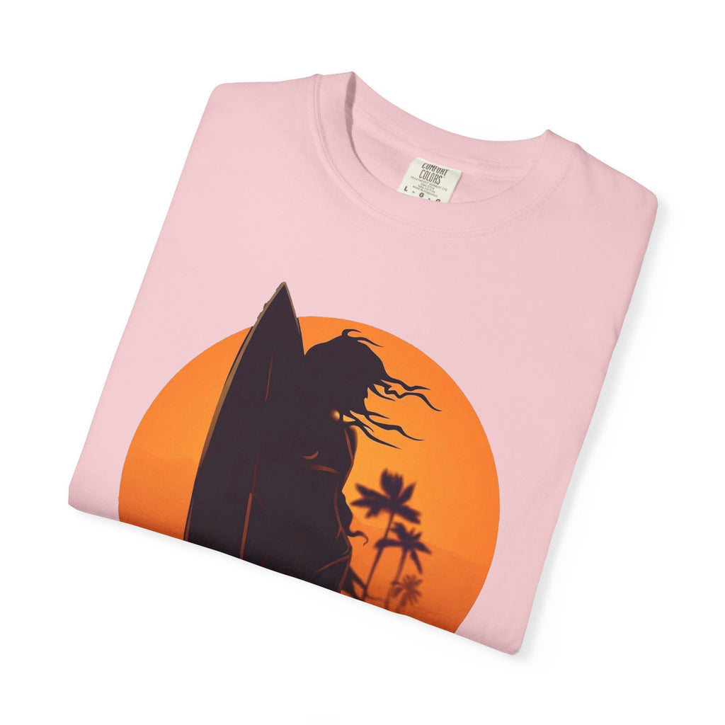 Sunset Surf Girl Tee | Retro Surfer Silhouette Shirt | Palm Tree Sunset Beach T-Shirt | Comfort Colors