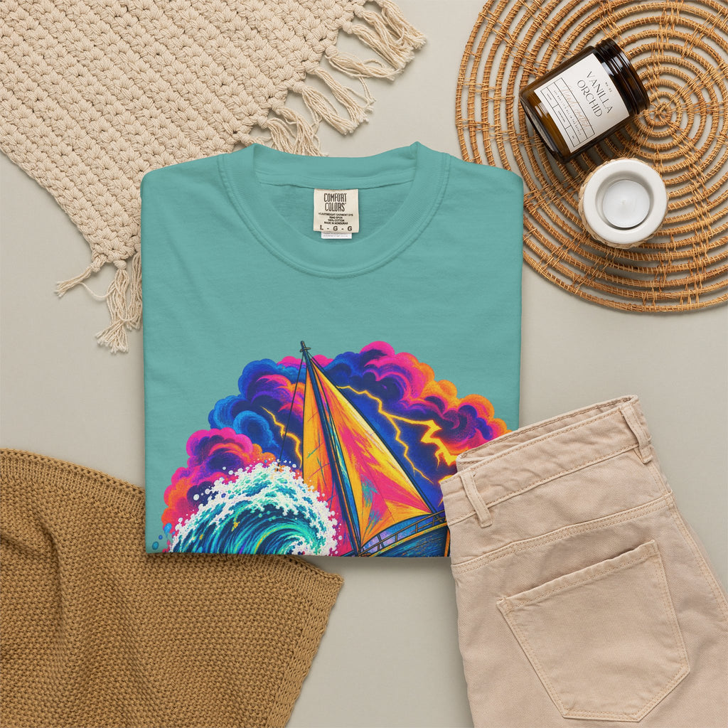 Ride The Storm Tee | Sailboat Big Wave Shirt | Bold Ocean Art T-Shirt | Comfort Colors