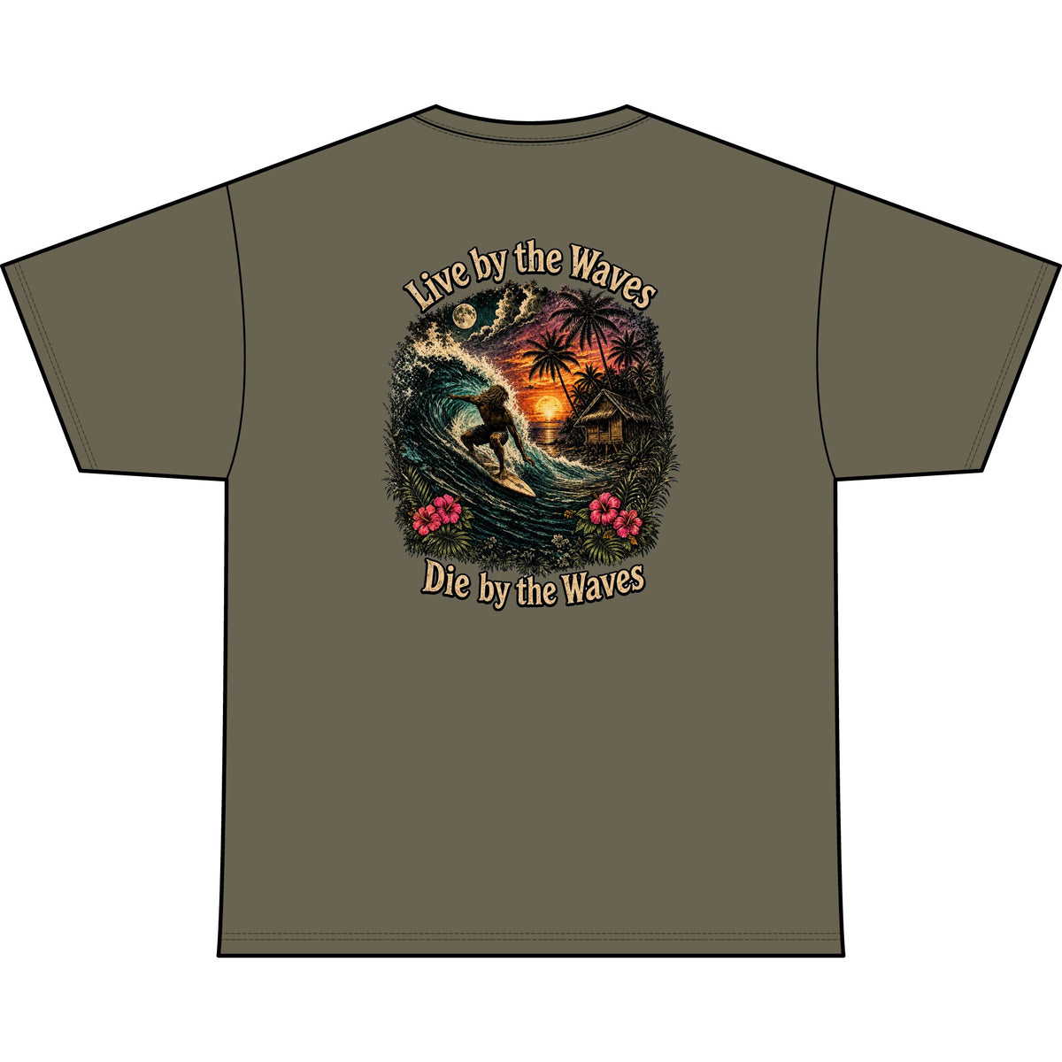 Live by the Waves Die by the Waves Surf Graphic Tee | Tropical Sunset Surfing Shirt