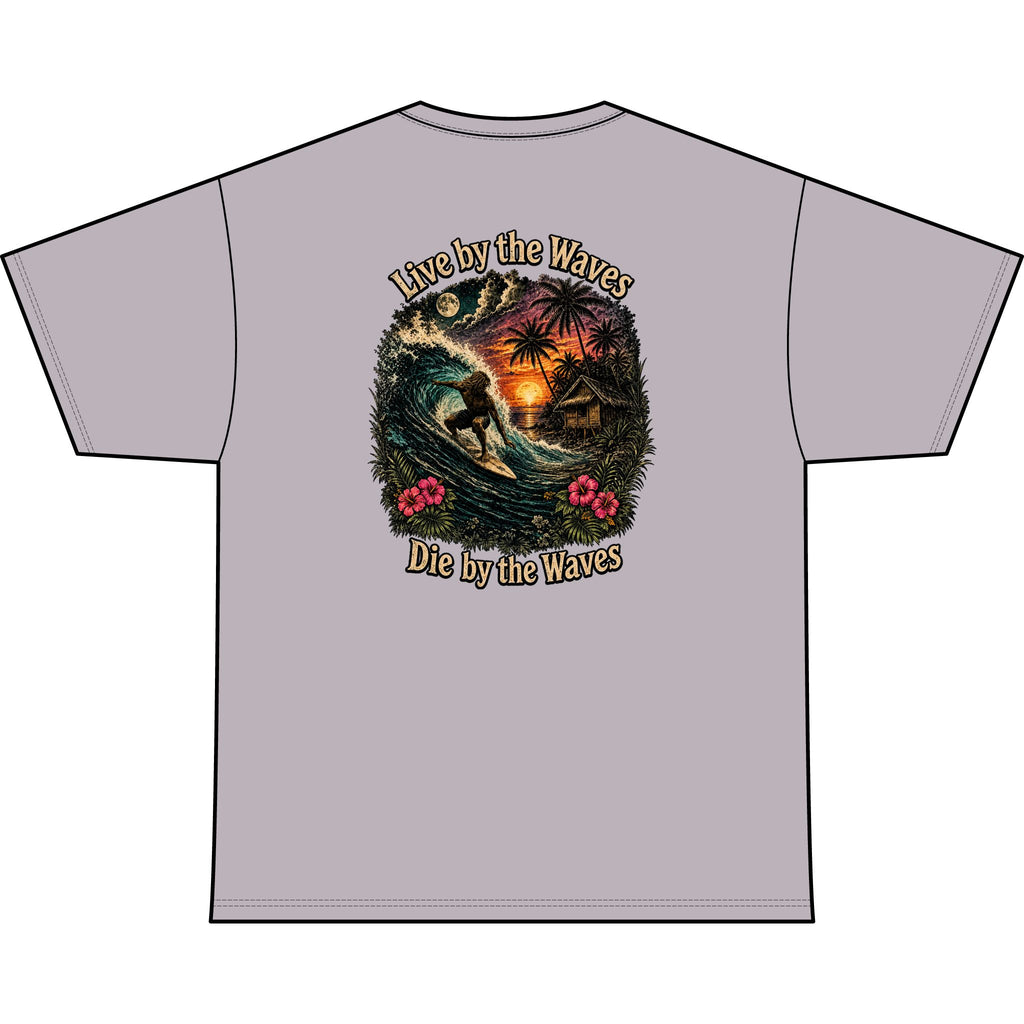 Live by the Waves Die by the Waves Surf Graphic Tee | Tropical Sunset Surfing Shirt