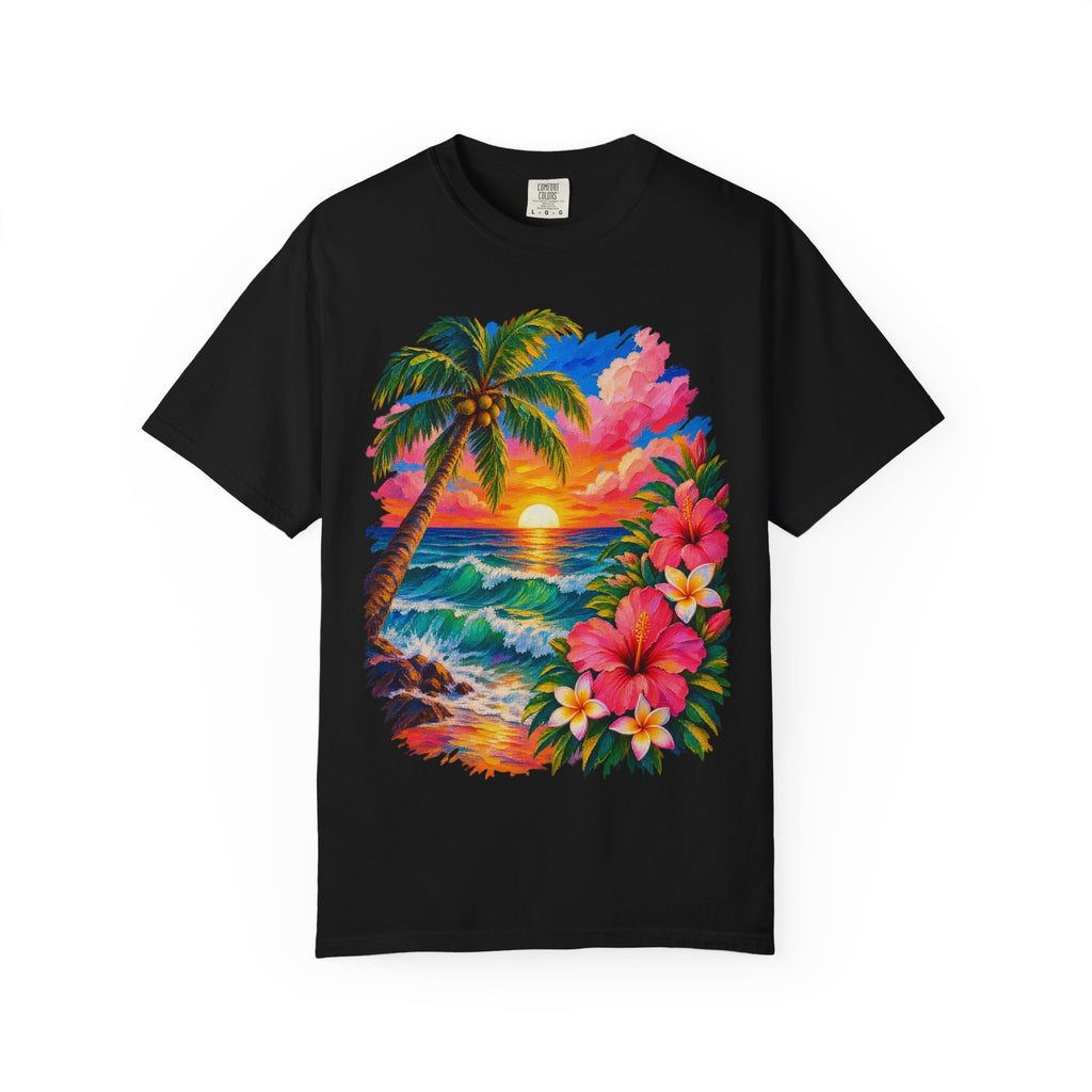 Hibiscus Sunset Ocean Shirt | Painted Tropical Seascape Tee | Comfort Colors T-Shirt