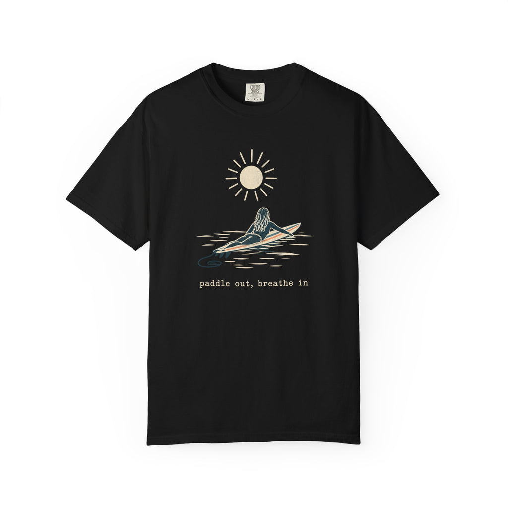 Paddle Out Breathe In Tee | Minimalist Surfer Girl Line Art Shirt | Calm Surf T-Shirt | Comfort Colors Gift