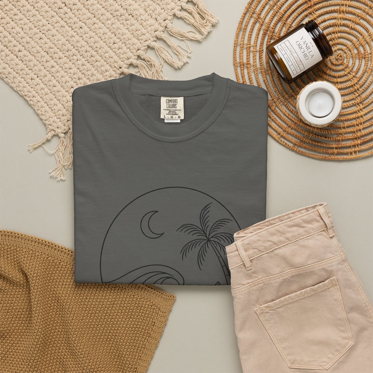 Moonlit Surf Line Art T-Shirt | Palm Tree Wave Circle Design