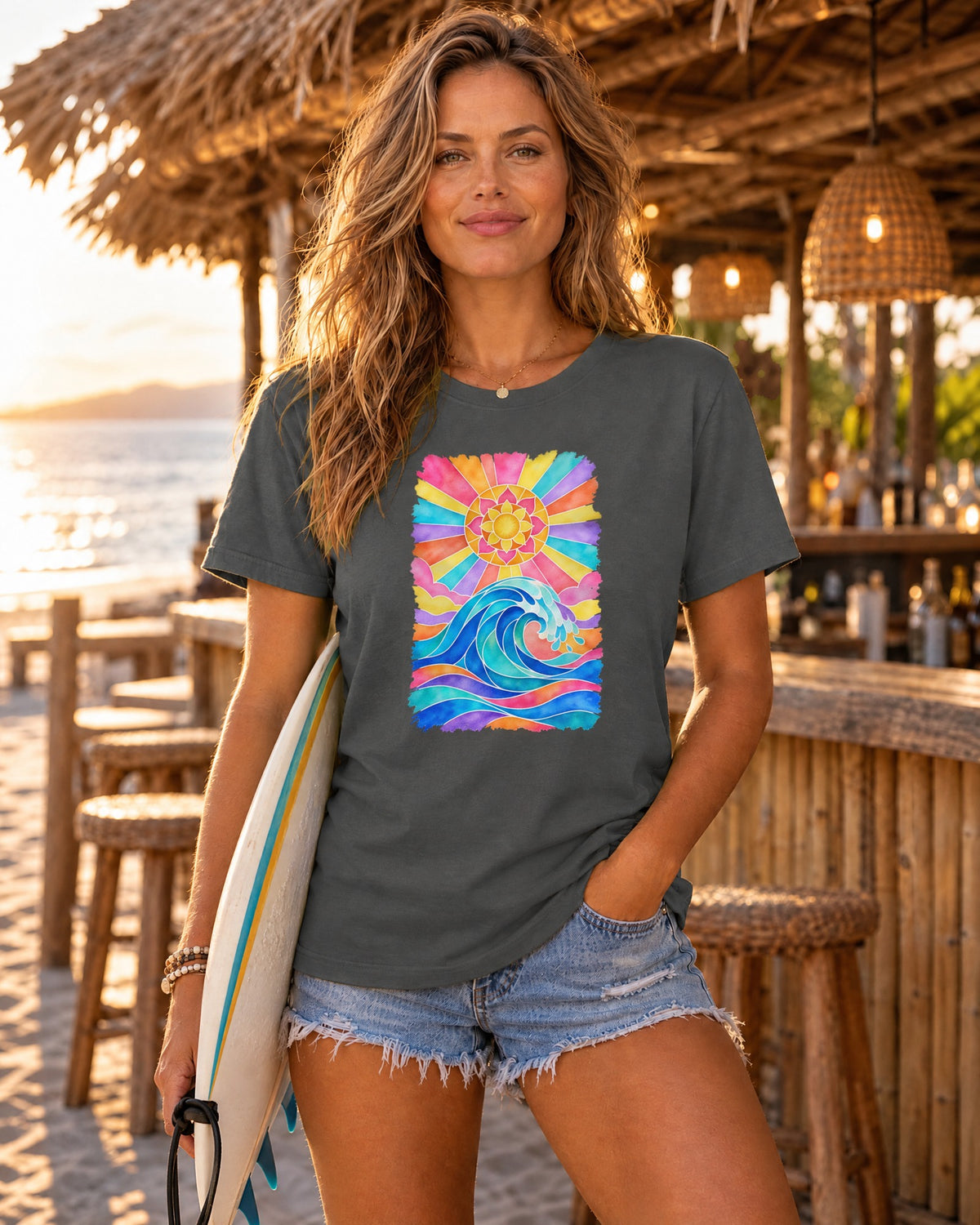 Stained Glass Wave Shirt | Pastel Sunburst Ocean Tee | Comfort Colors T-Shirt