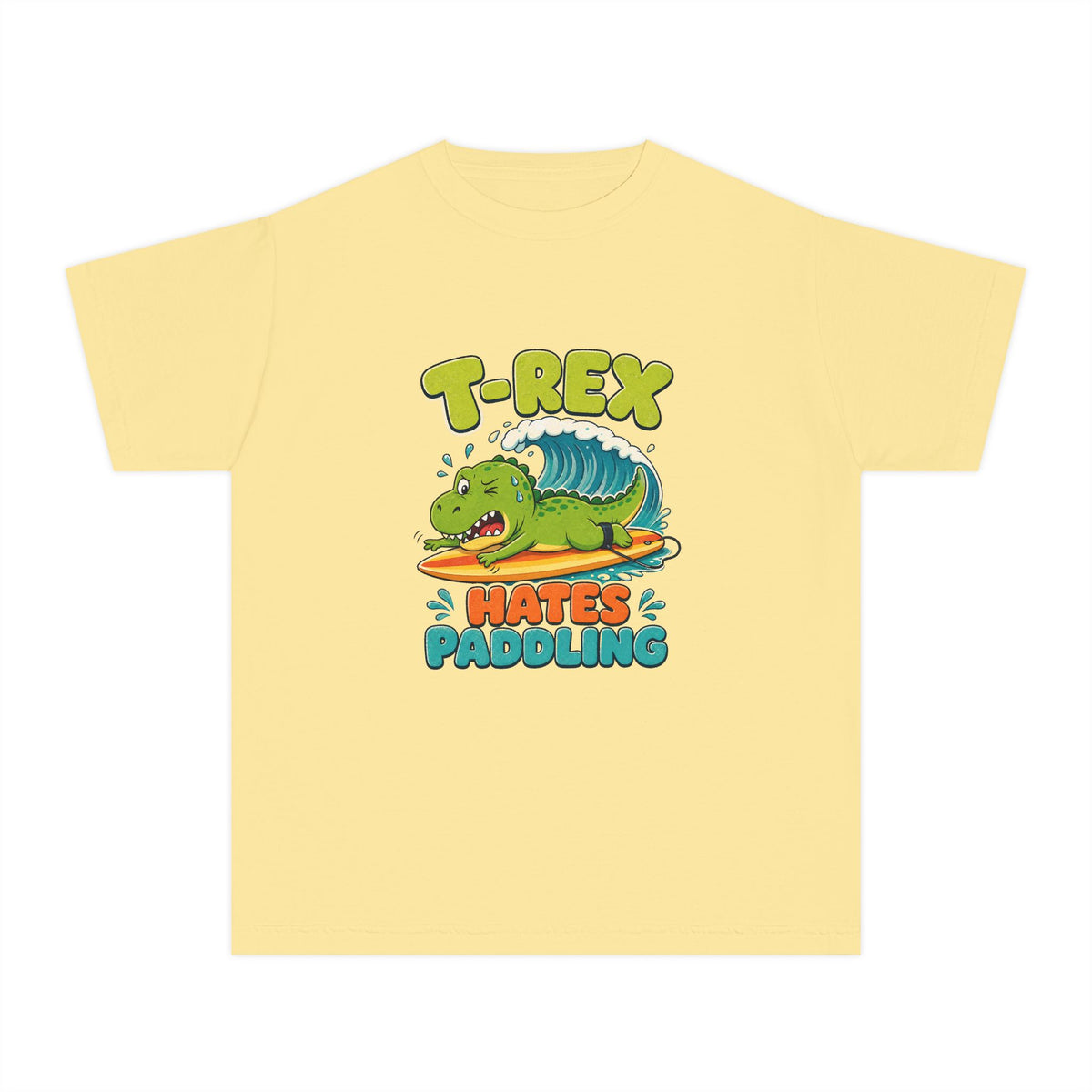 T-Rex Hates Paddling Kids Tee | Funny Dinosaur Kids Shirt | Youth Beach T-Shirt | Surf Kid Gift