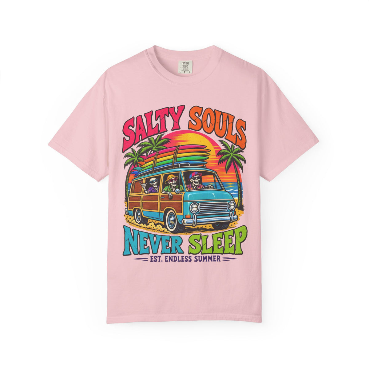 Salty Souls Never Sleep Tee | Skeleton Surf Van Shirt | Funny Retro Surf T-Shirt | Comfort Colors