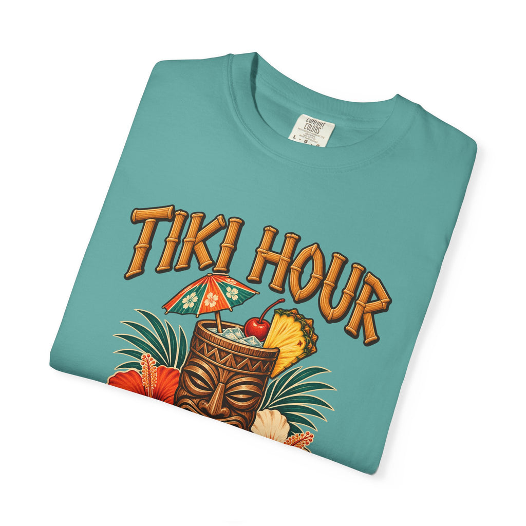 Tiki Hour Never Ends Tee | Tiki Bar Cocktail Shirt | Tropical Hawaiian T-Shirt | Comfort Colors Blue Jean