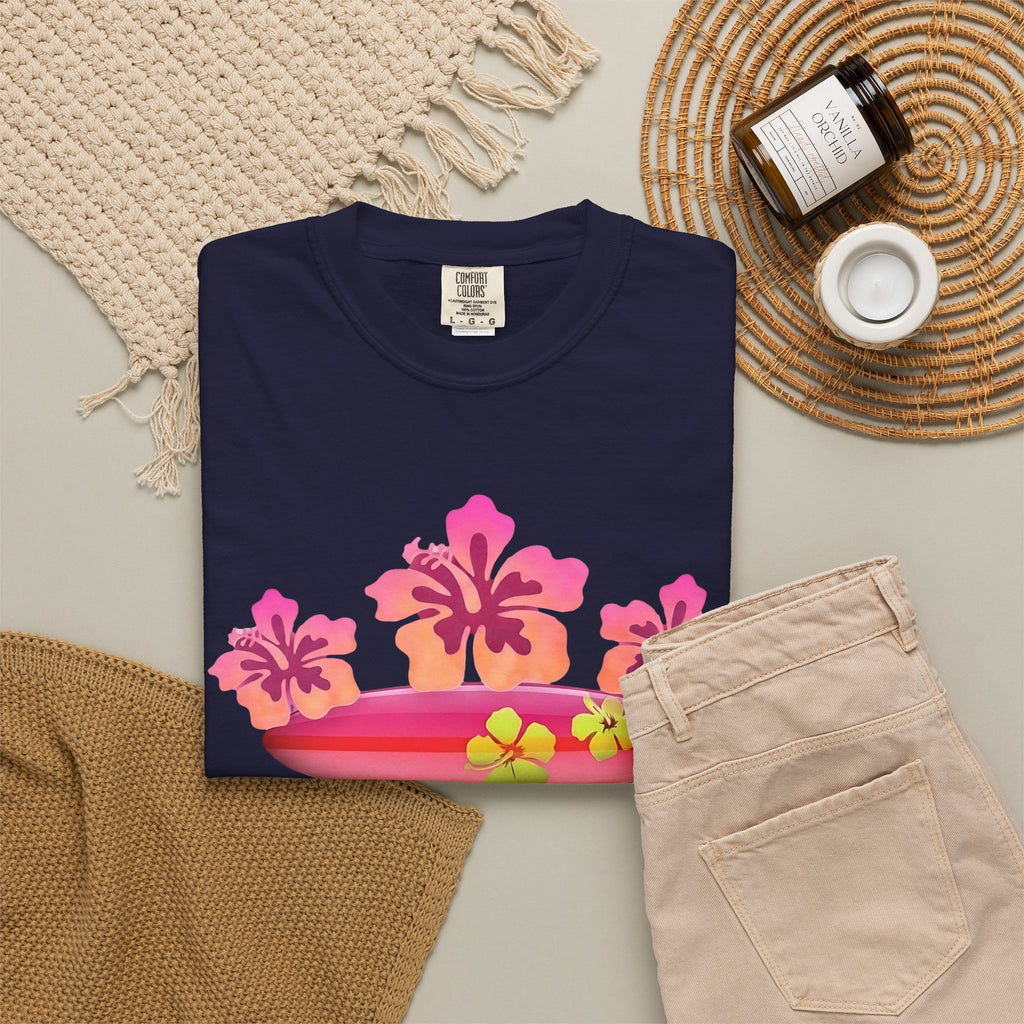 Hibiscus Surfboard Tee | Pink Hibiscus Surf Shirt | Tropical Surfer Girl T-Shirt | Comfort Colors