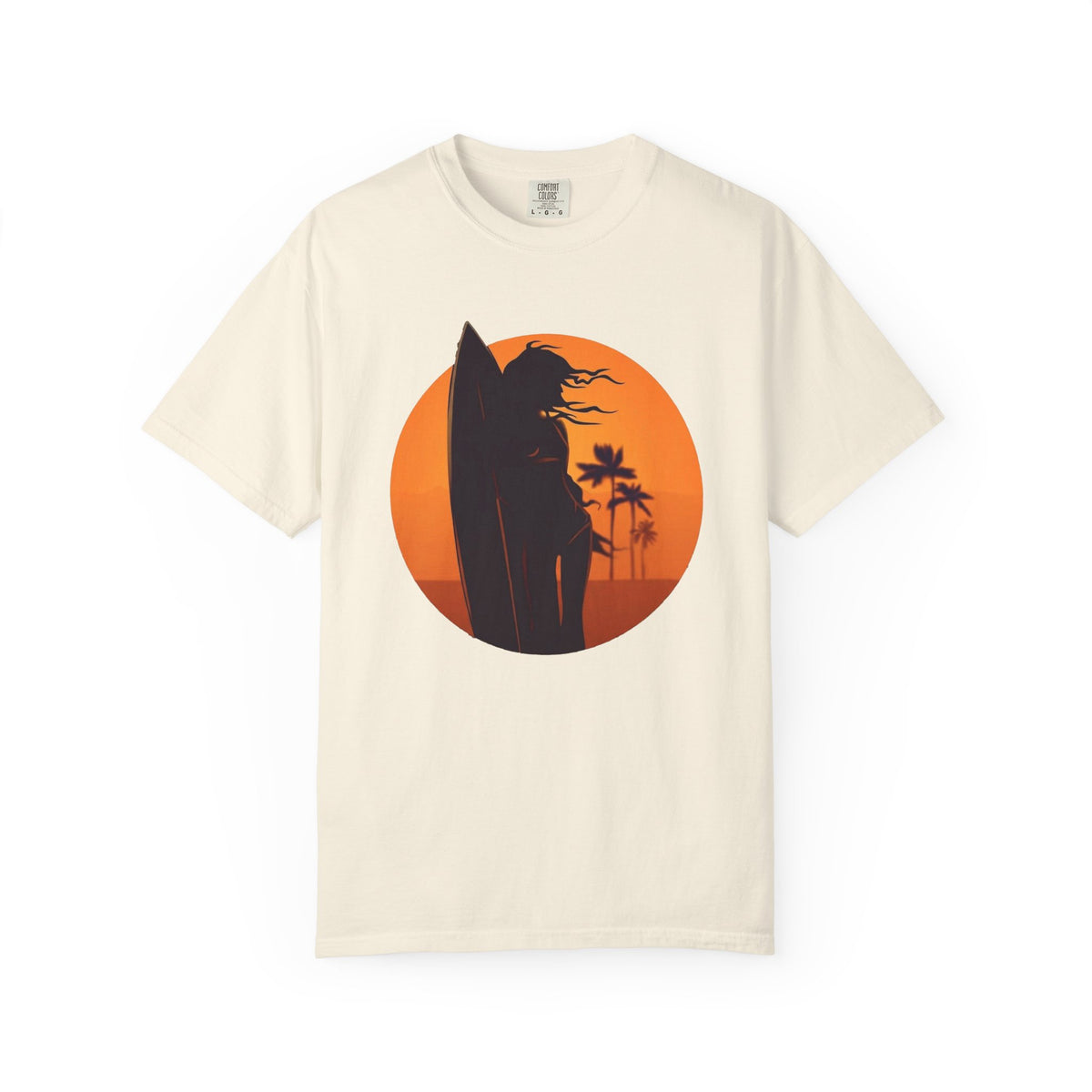 Sunset Surf Girl Tee | Retro Surfer Silhouette Shirt | Palm Tree Sunset Beach T-Shirt | Comfort Colors