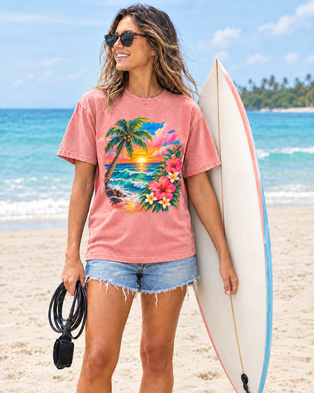 Hibiscus Sunset Ocean Shirt | Painted Tropical Seascape Tee | Comfort Colors T-Shirt