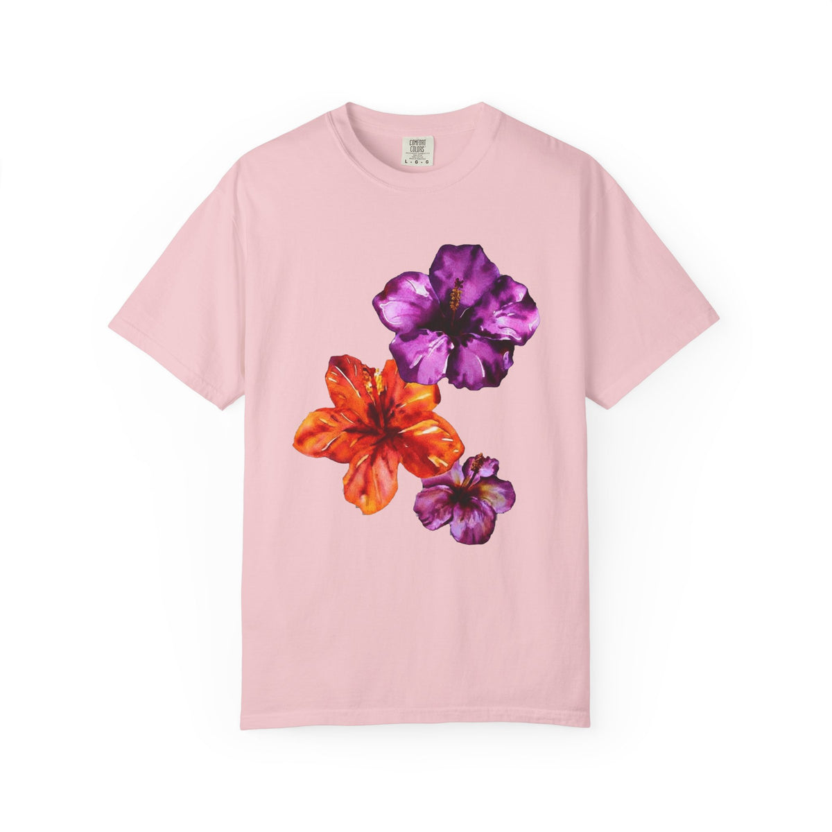 Watercolour Hibiscus Tee | Tropical Flowers Shirt | Purple and Orange Hibiscus T-Shirt | Comfort Colors