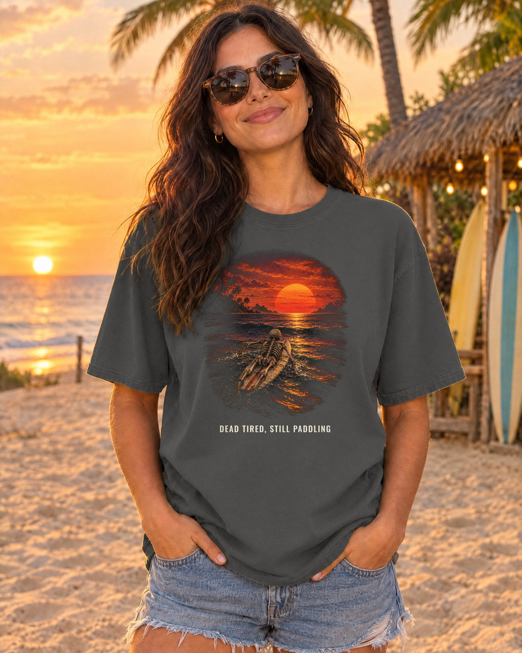 Dead Tired Still Paddling Shirt | Funny Skeleton Surfer Tee | Comfort Colors T-Shirt