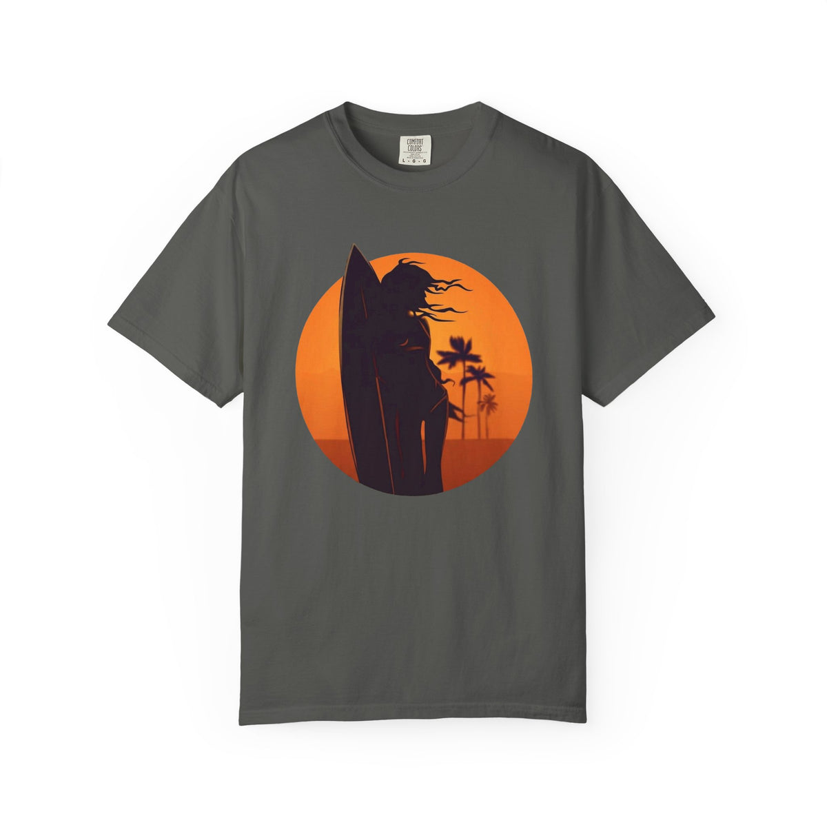 Sunset Surf Girl Tee | Retro Surfer Silhouette Shirt | Palm Tree Sunset Beach T-Shirt | Comfort Colors