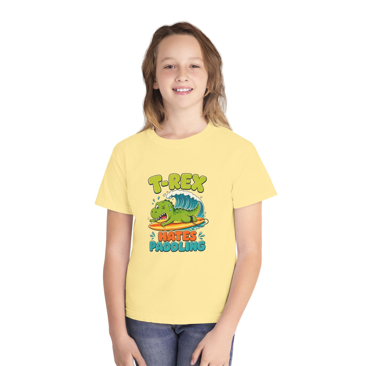 T-Rex Hates Paddling Kids Tee | Funny Dinosaur Kids Shirt | Youth Beach T-Shirt | Surf Kid Gift
