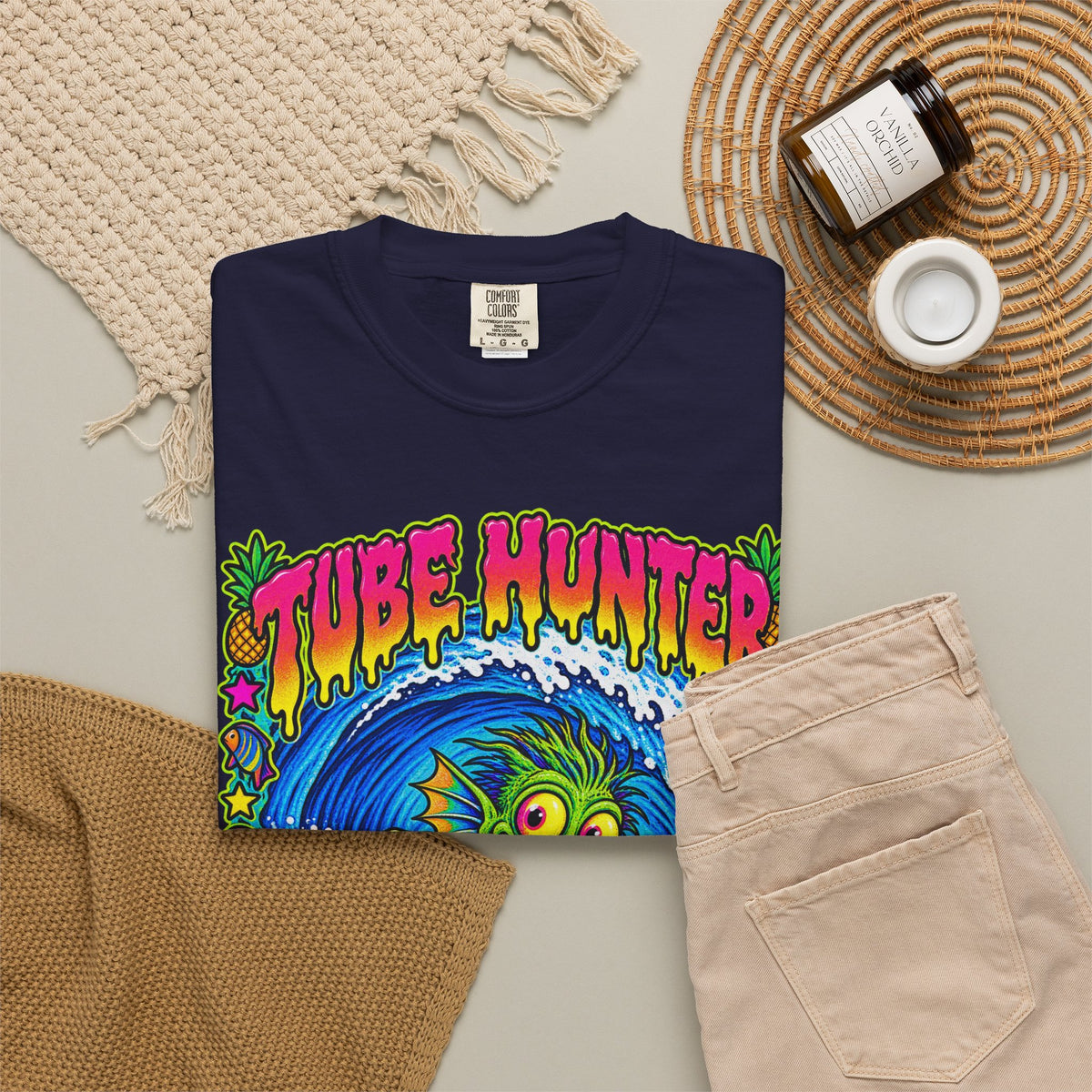 Tube Hunter Tee | 80s Comic Sea Monster Surf Shirt | Funny Barrel Wave T-Shirt | Comfort Colors