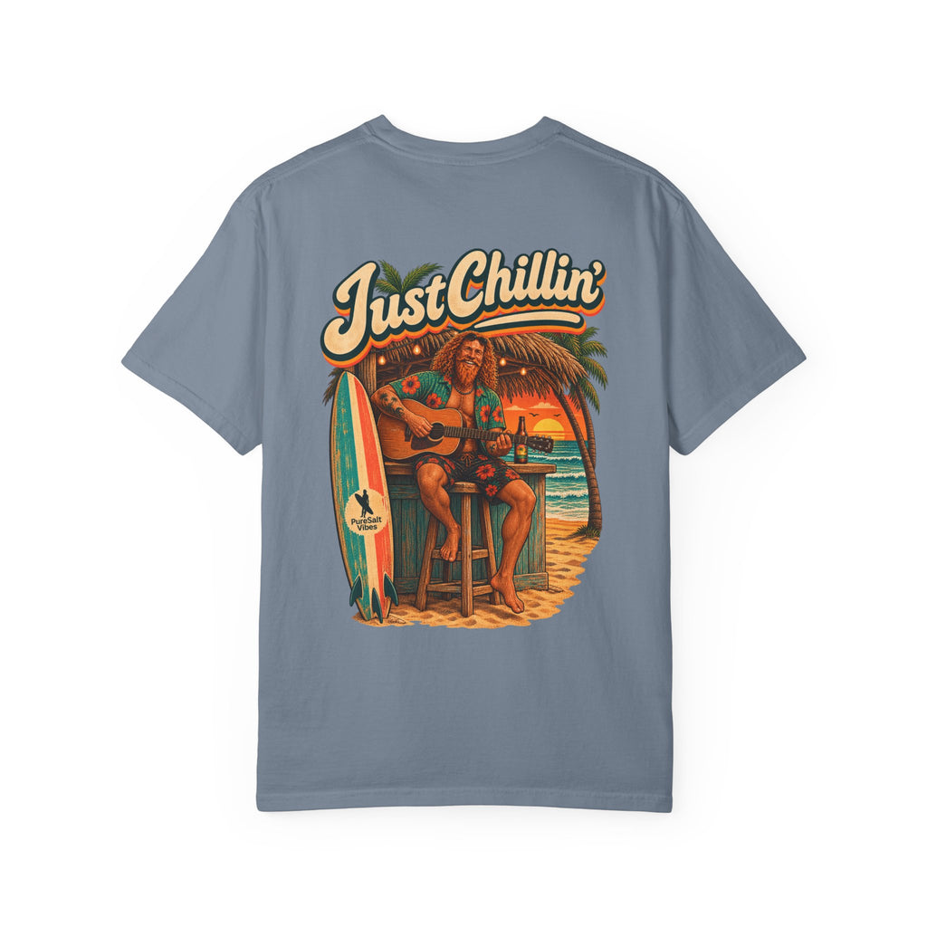 Just Chillin' Surf T-Shirt — Retro Beach Vibes with Guitarist Graphic