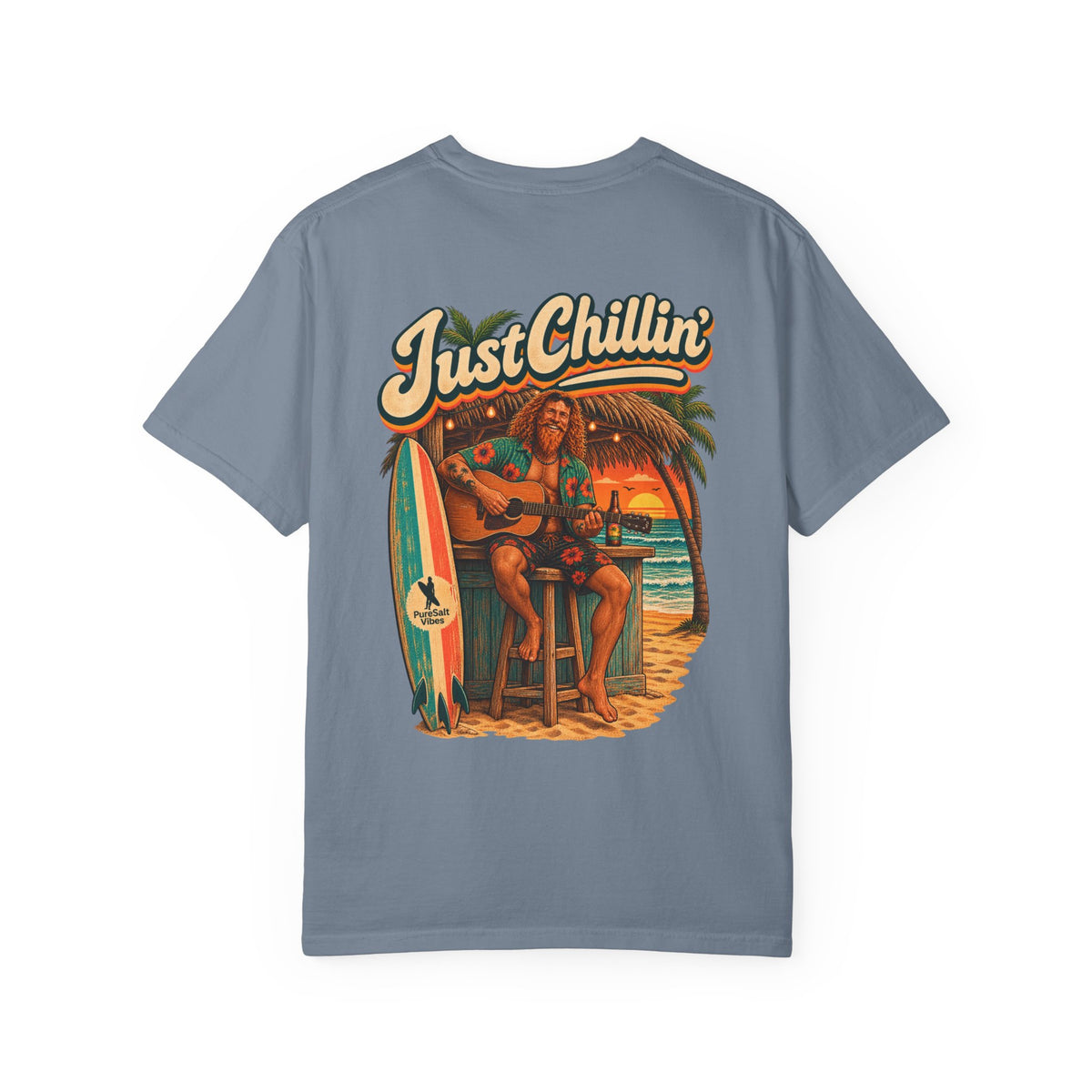 Just Chillin' Surf T-Shirt — Retro Beach Vibes with Guitarist Graphic