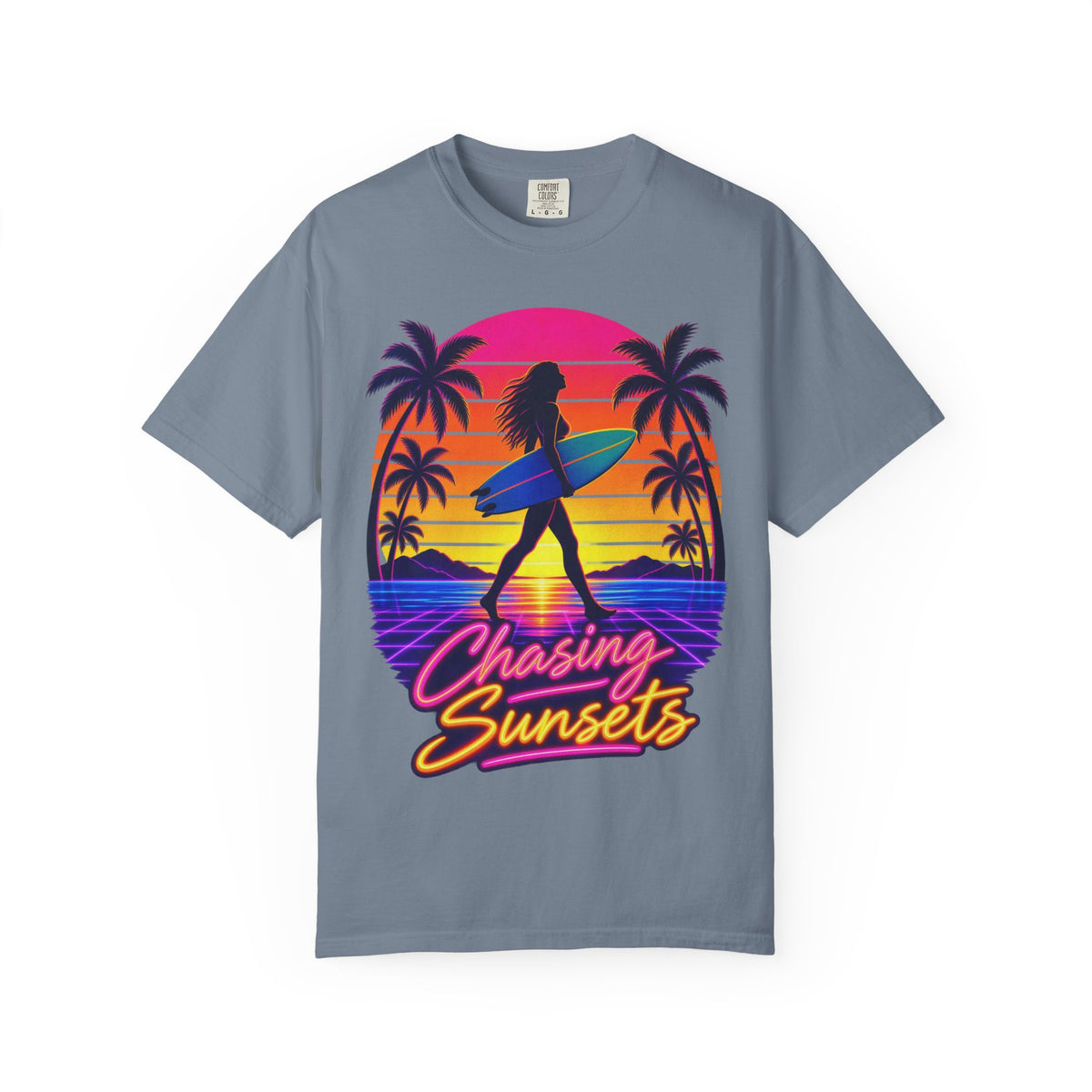 Chasing Sunsets Tee | Synthwave Sunset Surf Girl Shirt | Retro Palm T-Shirt | Comfort Colors