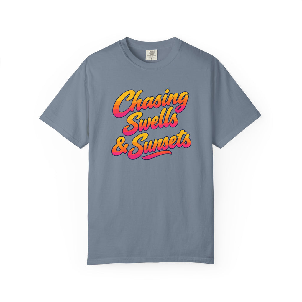 Chasing Swells and Sunsets Tee | Retro Script Surf T-Shirt | Sunset Beach Shirt | Comfort Colors Surfer Gift