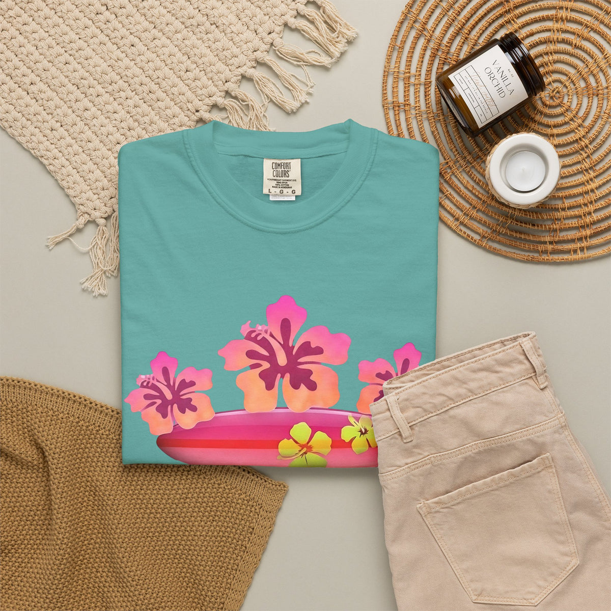 Hibiscus Surfboard Tee | Pink Hibiscus Surf Shirt | Tropical Surfer Girl T-Shirt | Comfort Colors