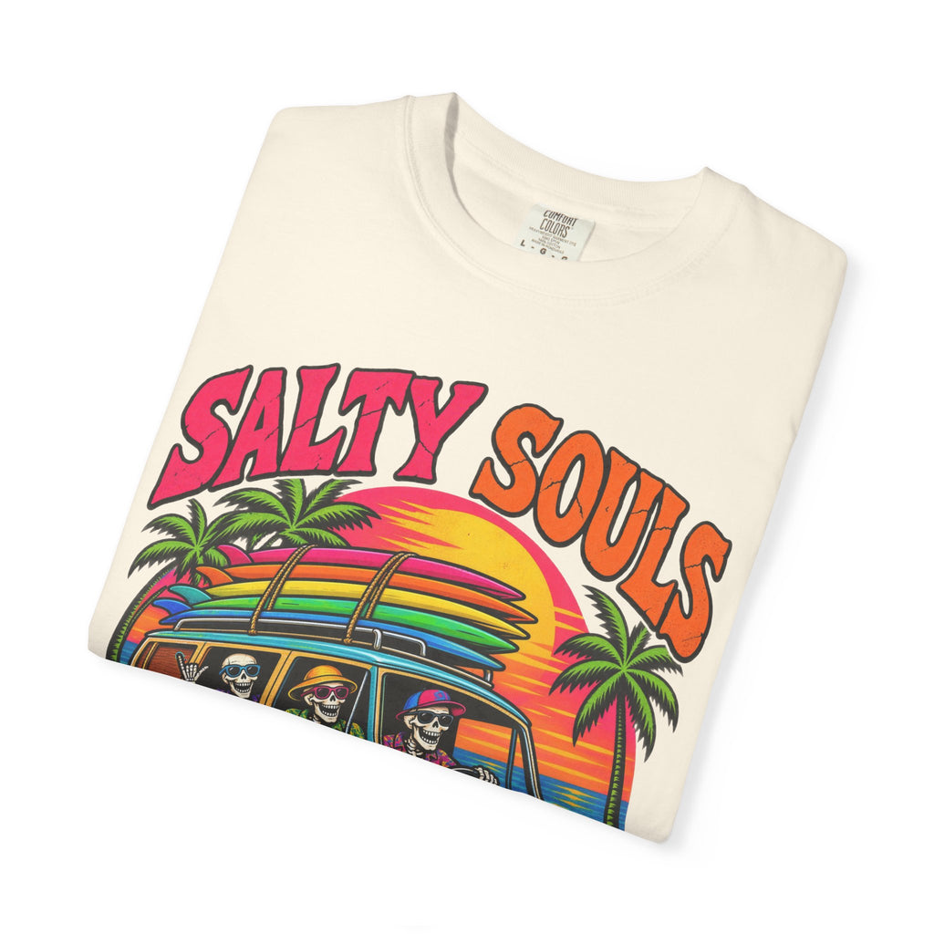 Salty Souls Never Sleep Tee | Skeleton Surf Van Shirt | Funny Retro Surf T-Shirt | Comfort Colors