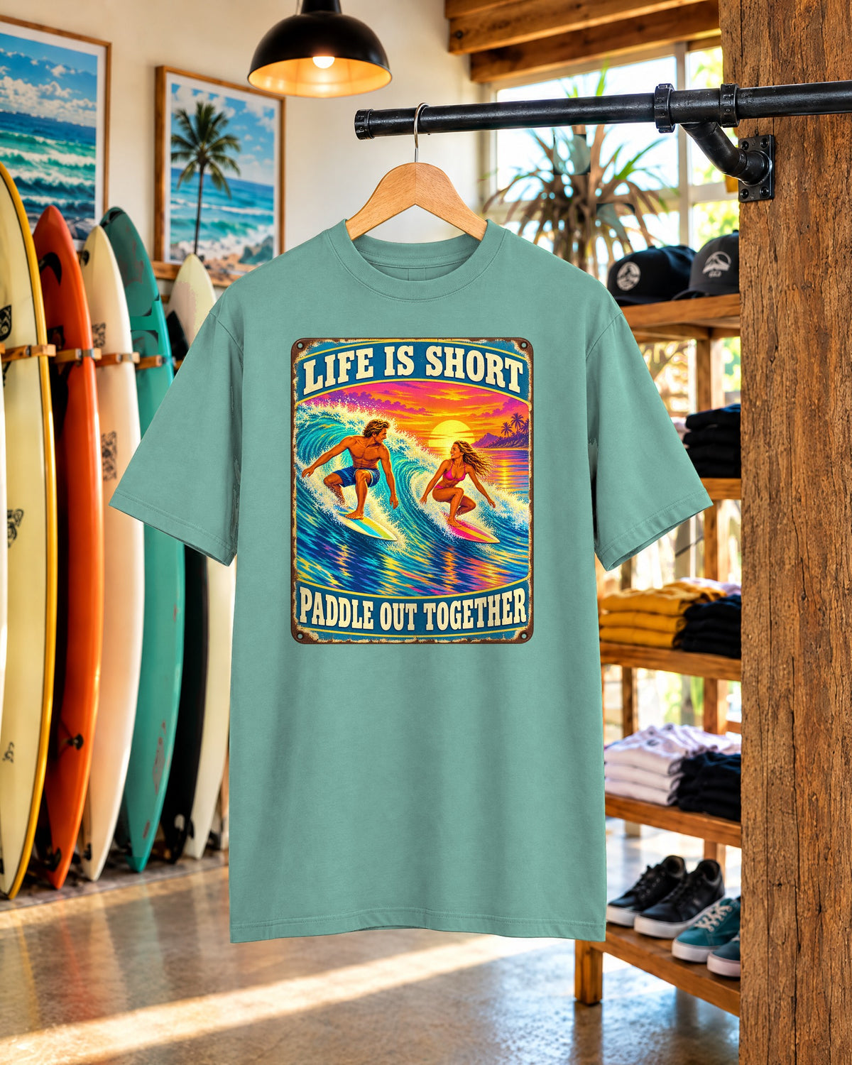 Life Is Short Paddle Out Together Tee | Surf Couple Tin Sign Shirt | Retro Sunset Wave T-Shirt | Comfort Colors
