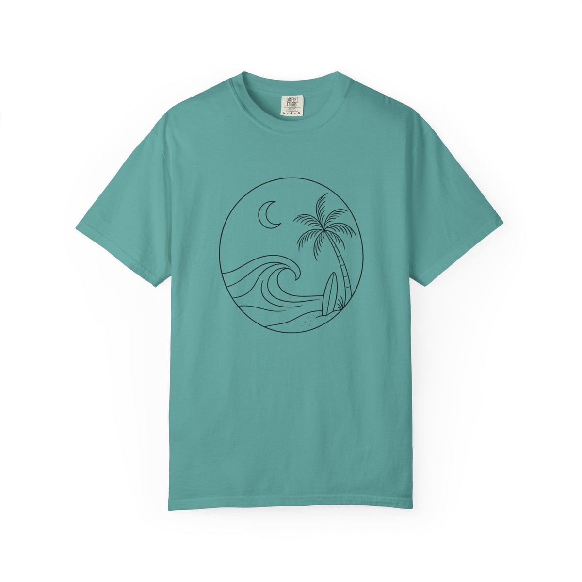 Moonlit Surf Line Art T-Shirt | Palm Tree Wave Circle Design