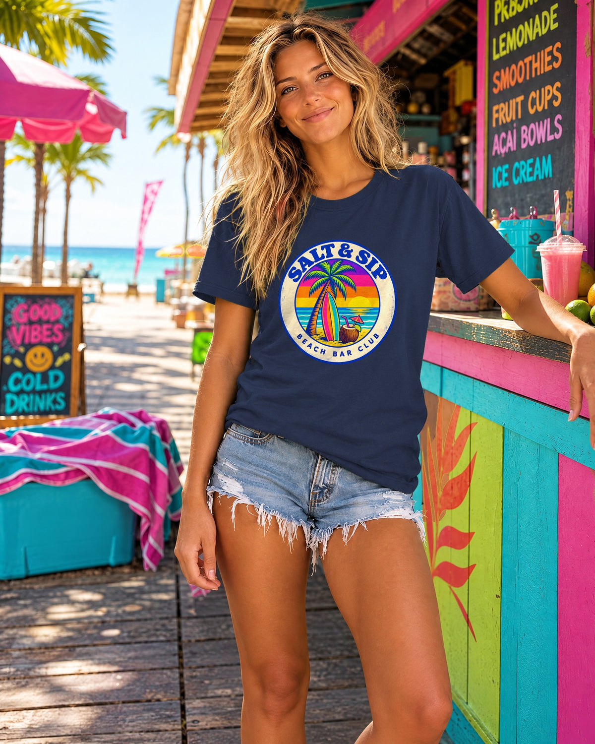 Salt & Sip Beach Bar Club Tee | Retro Sunset Badge Shirt | Tropical Cocktail T-Shirt | Comfort Colors