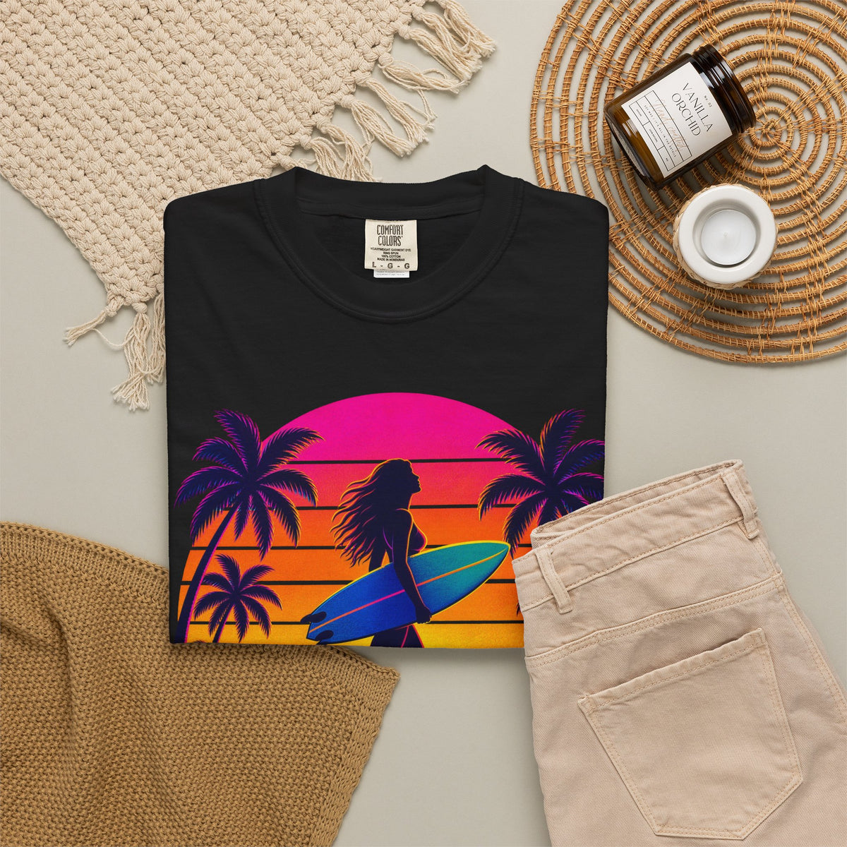 Chasing Sunsets Tee | Synthwave Sunset Surf Girl Shirt | Retro Palm T-Shirt | Comfort Colors