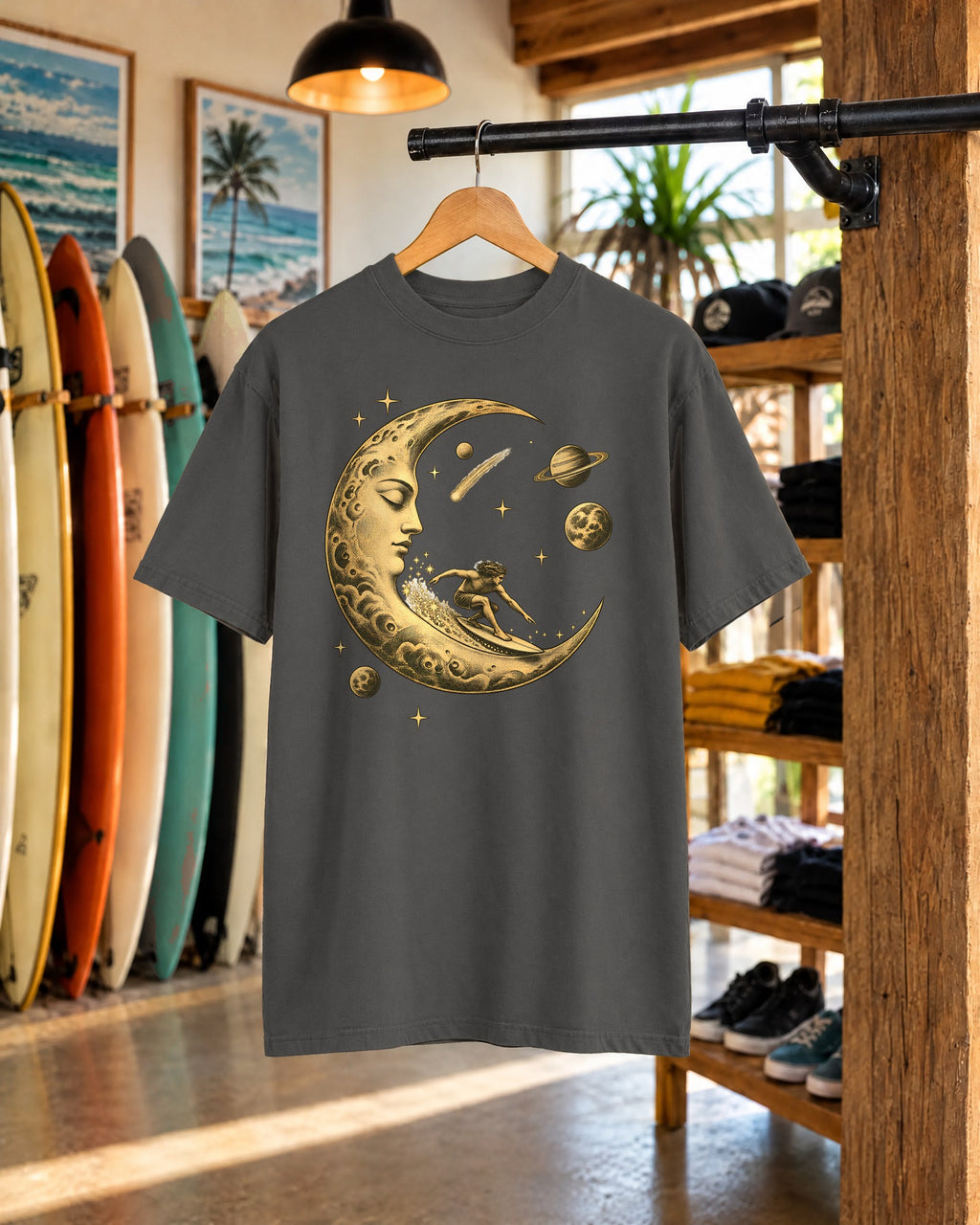 Moon Rider Surfer Shirt | Celestial Moon Surf Tee | Comfort Colors T-Shirt