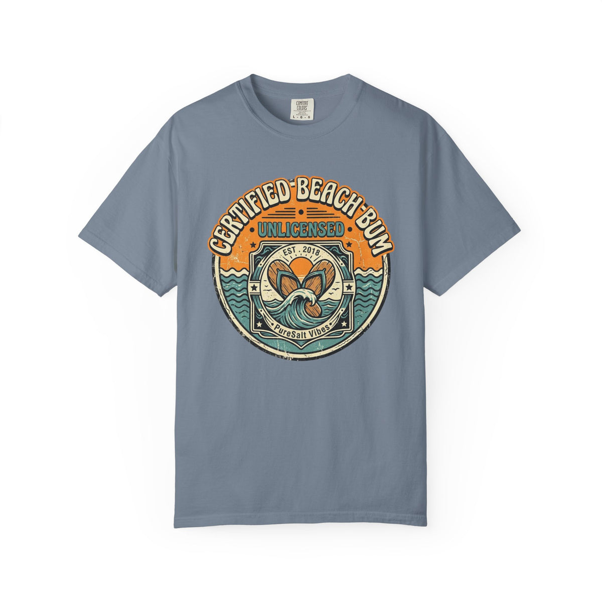 Certified Beach Bum graphic T-Shirt | Retro Surf Badge, Ocean Waves