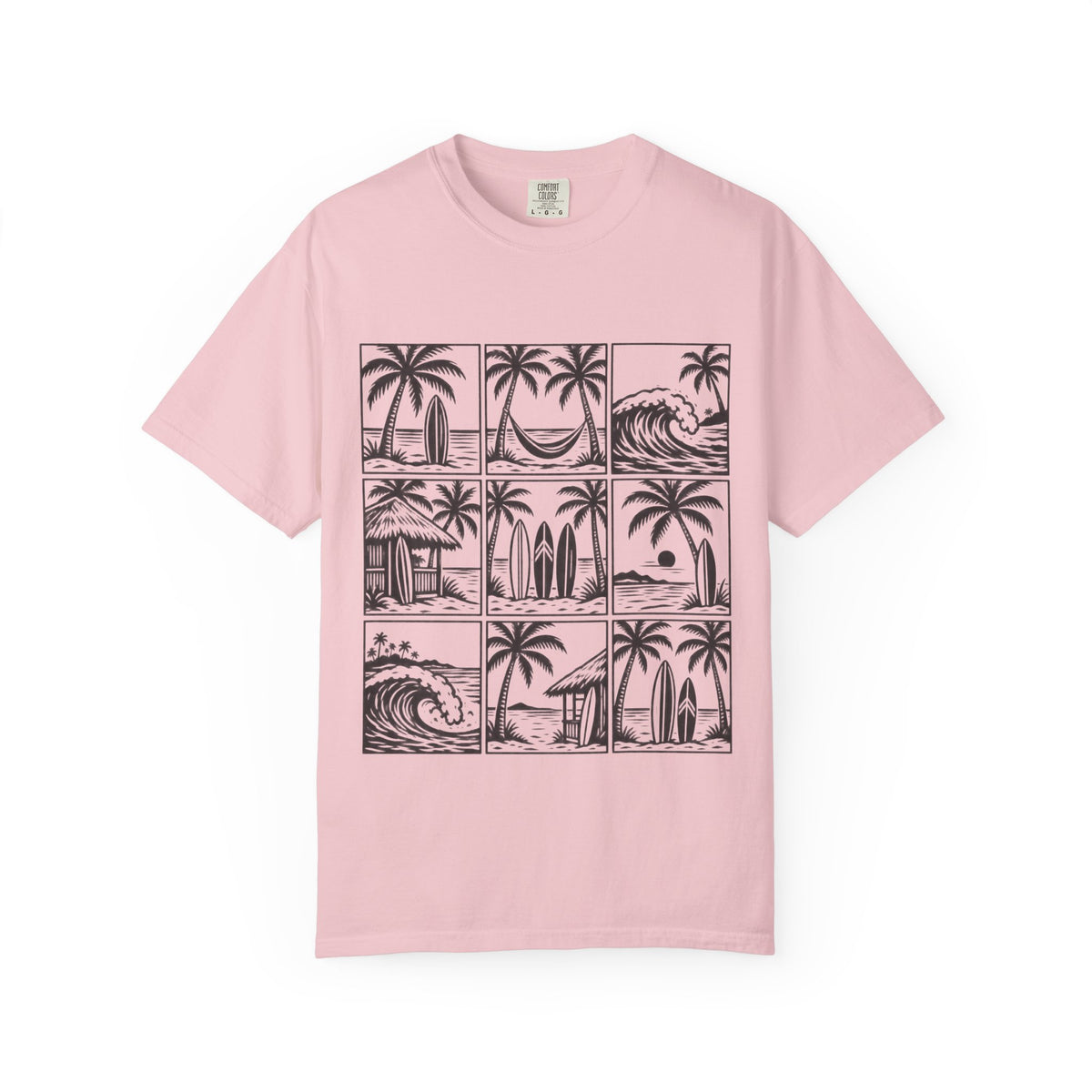 Woodcut Palm Grid Shirt | Tropical Surf Tiles Tee | Comfort Colors T-Shirt