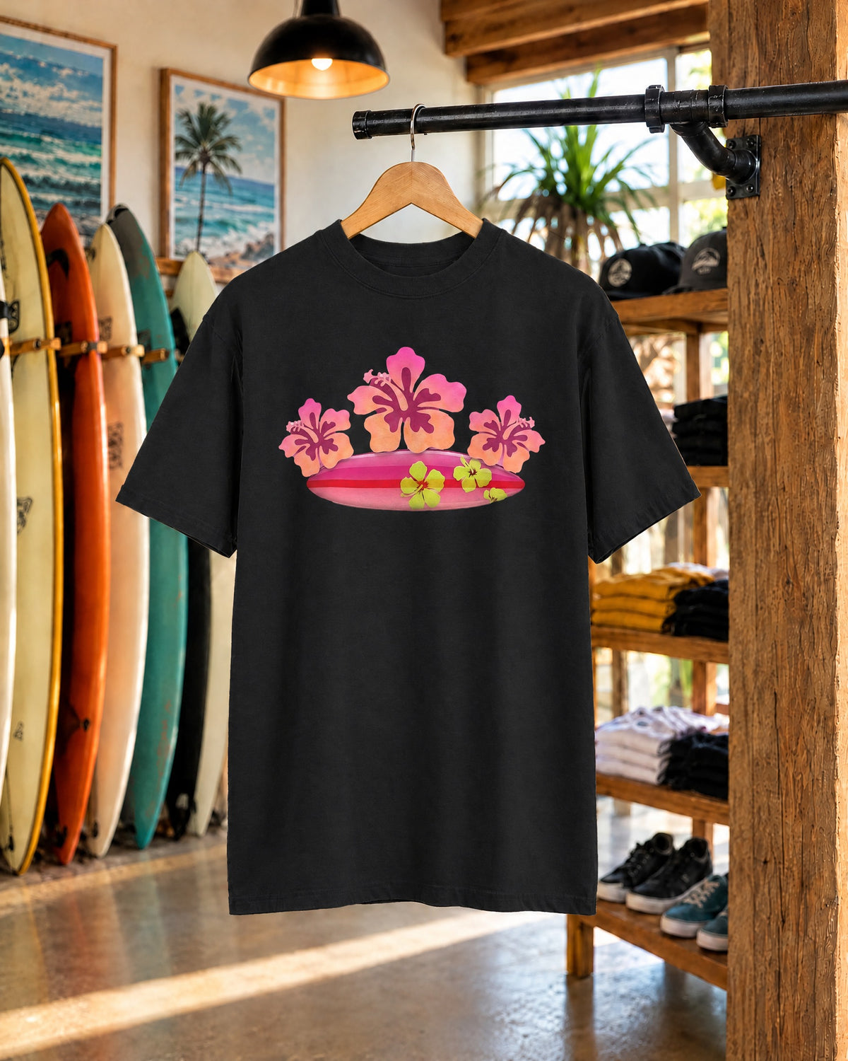 Hibiscus Surfboard Tee | Pink Hibiscus Surf Shirt | Tropical Surfer Girl T-Shirt | Comfort Colors