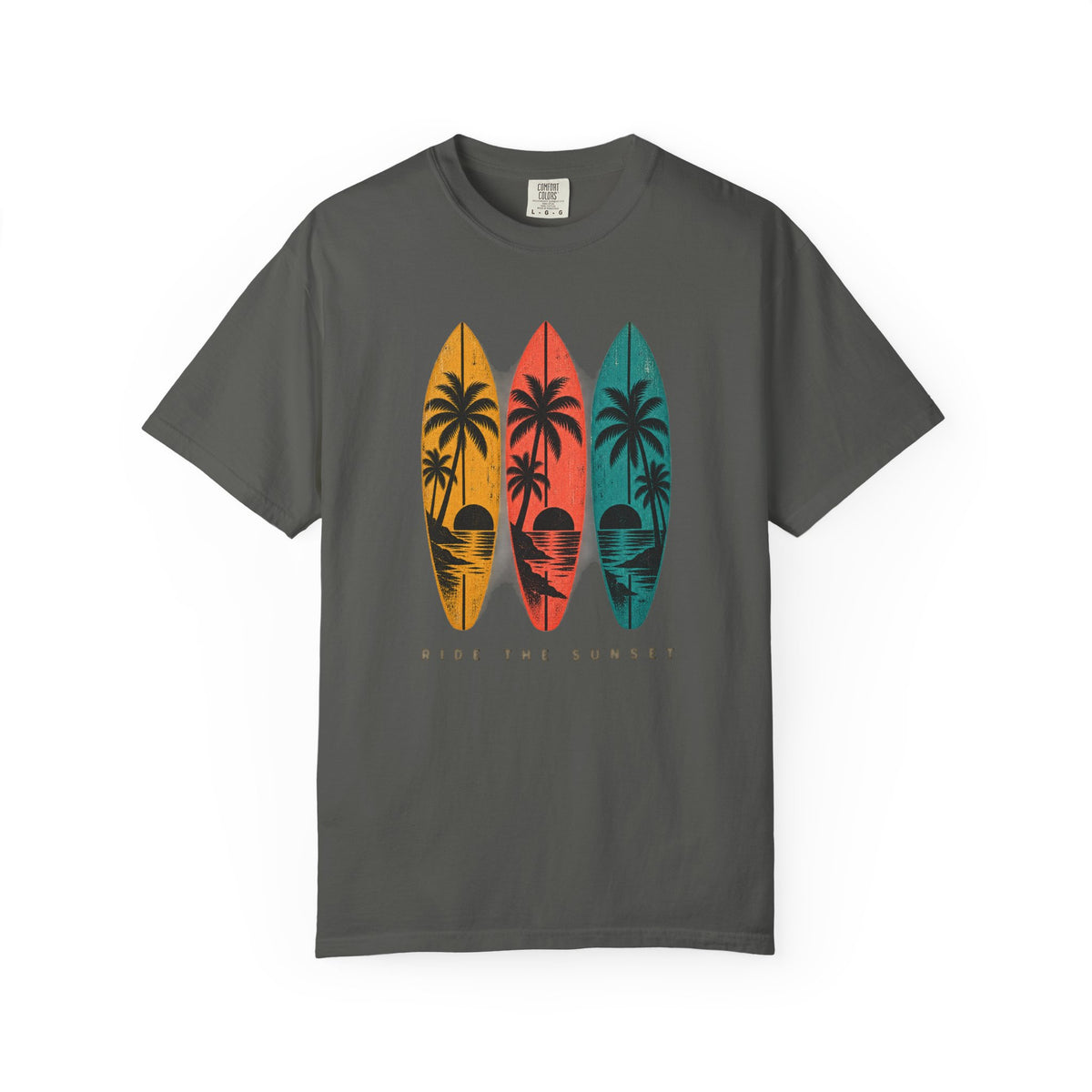 Ride The Sunset Tee | Retro Surfboard Palm Shirt | Vintage Surf T-Shirt | Comfort Colors Gift