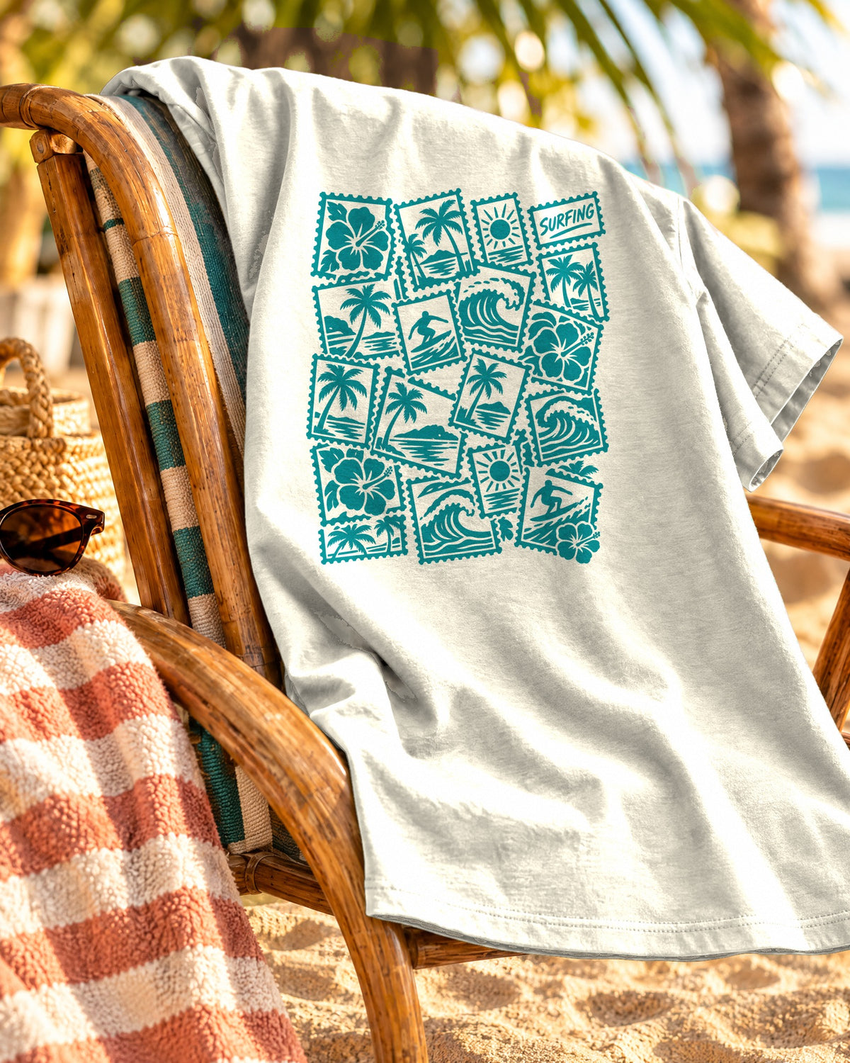 Surfing Postcard Stamp Shirt | Tropical Postage Pattern Tee | Comfort Colors T-Shirt