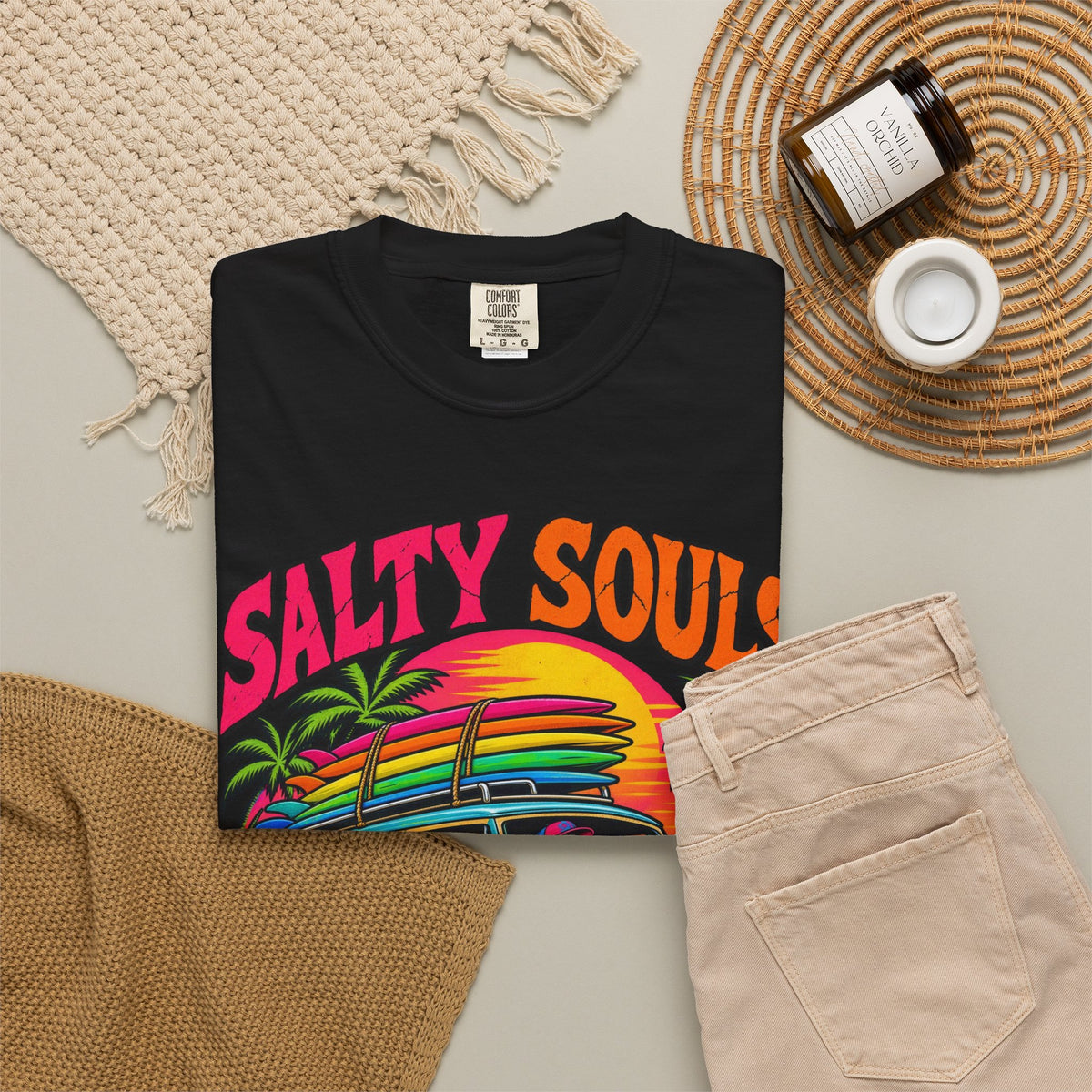 Salty Souls Never Sleep Tee | Skeleton Surf Van Shirt | Funny Retro Surf T-Shirt | Comfort Colors