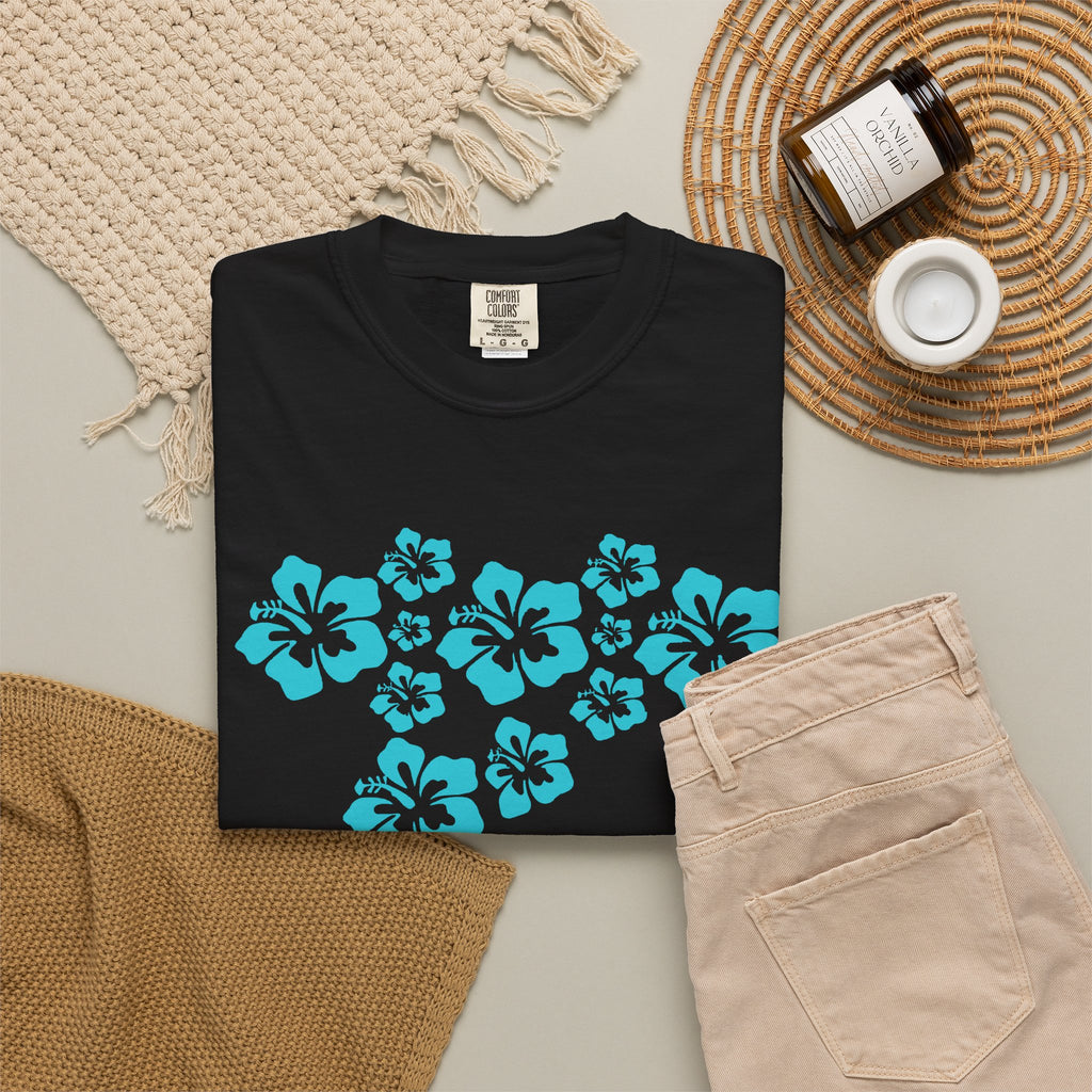 Hibiscus Flowers Tee | Teal Hibiscus Cluster Shirt | Tropical Island Flower T-Shirt | Comfort Colors