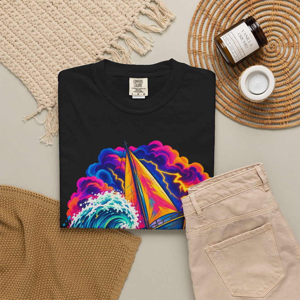 Ride The Storm Tee | Sailboat Big Wave Shirt | Bold Ocean Art T-Shirt | Comfort Colors