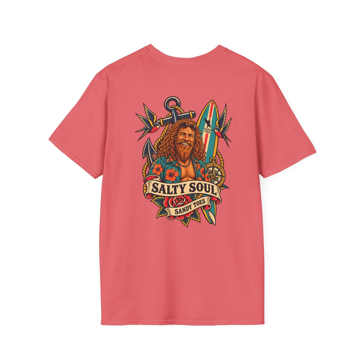 Salty Soul Sandy Toes Surf Tee - Bright Colours | Retro Old Surfer Back Print T-Shirt | Beach Gift